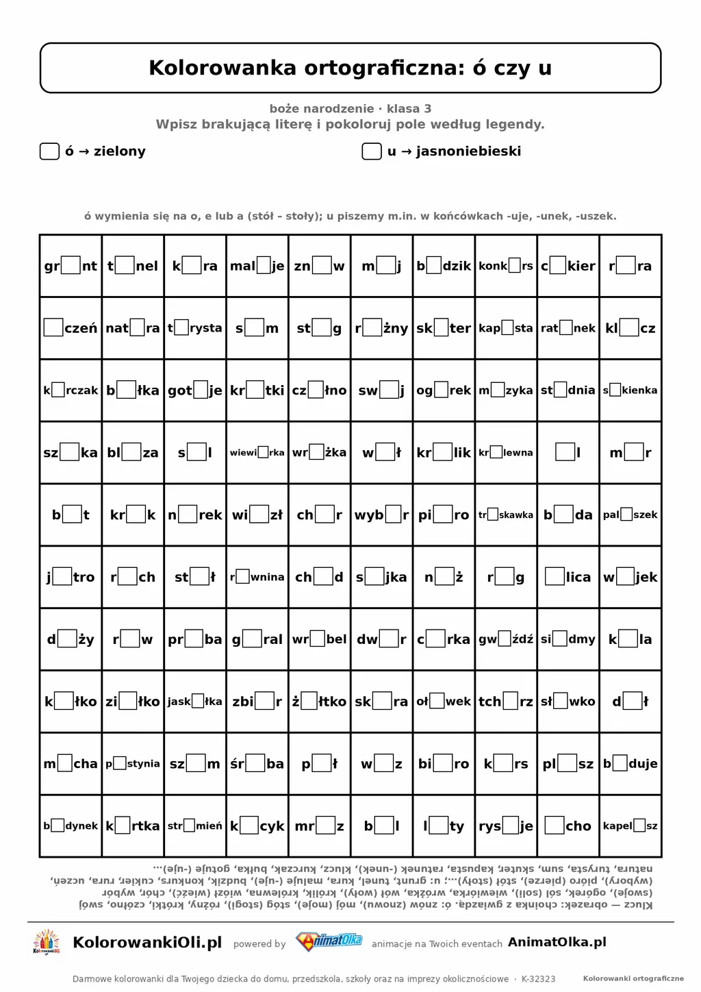 Kolorowanka ortograficzna ó czy u — 100 wyrazów z luką, obrazek choinka, do druku (klasa 3)