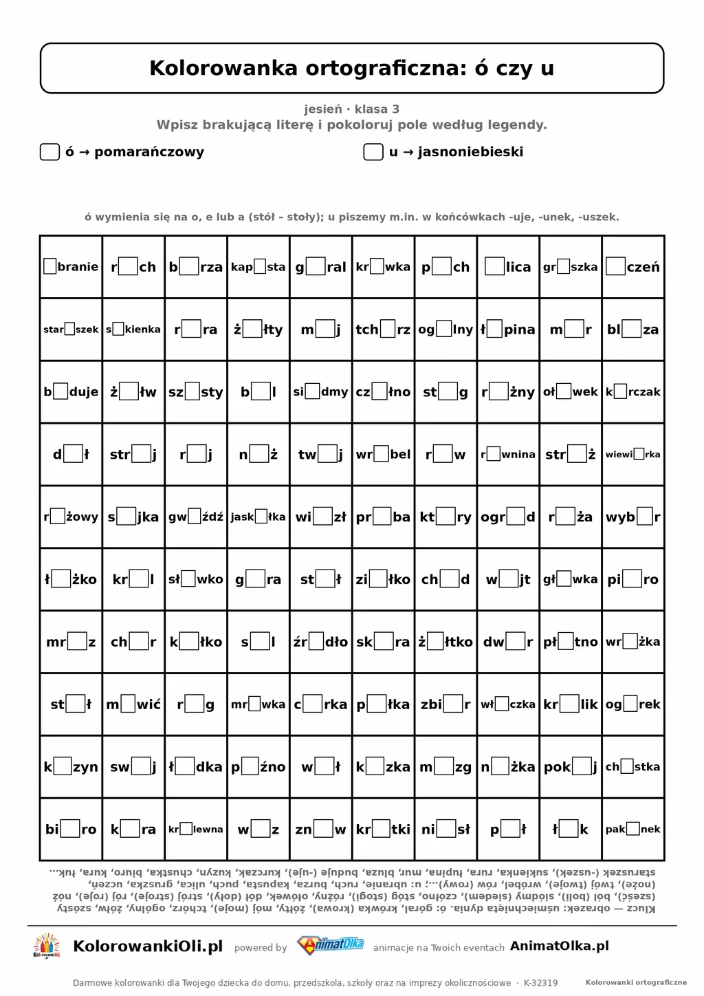 Kolorowanka ortograficzna ó czy u — 100 wyrazów z luką, obrazek dynia, do druku (klasa 3)