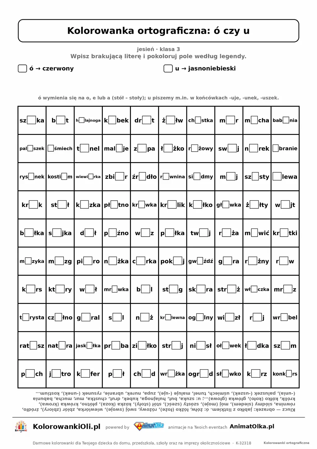 Kolorowanka ortograficzna ó czy u — 100 wyrazów z luką, obrazek jabłko, do druku (klasa 3)