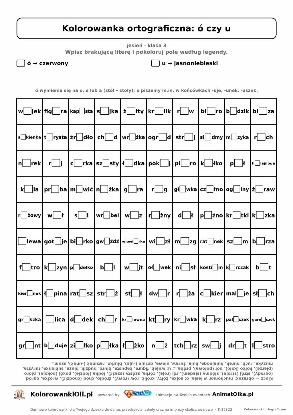 Kolorowanka ortograficzna ó czy u — 100 wyrazów z luką, obrazek muchomor, do druku (klasa 3)