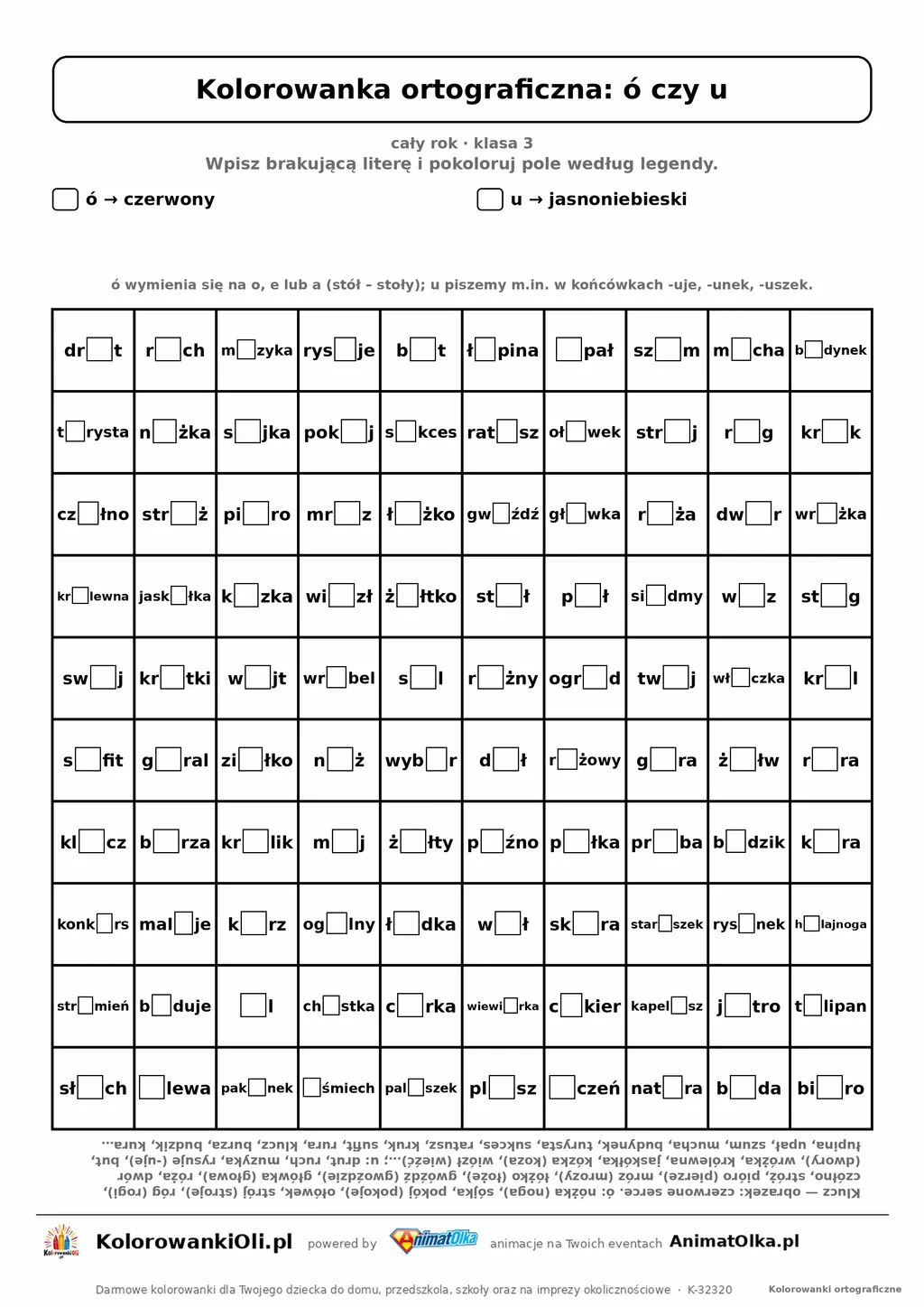 Kolorowanka ortograficzna ó czy u — 100 wyrazów z luką, obrazek serce, do druku (klasa 3)