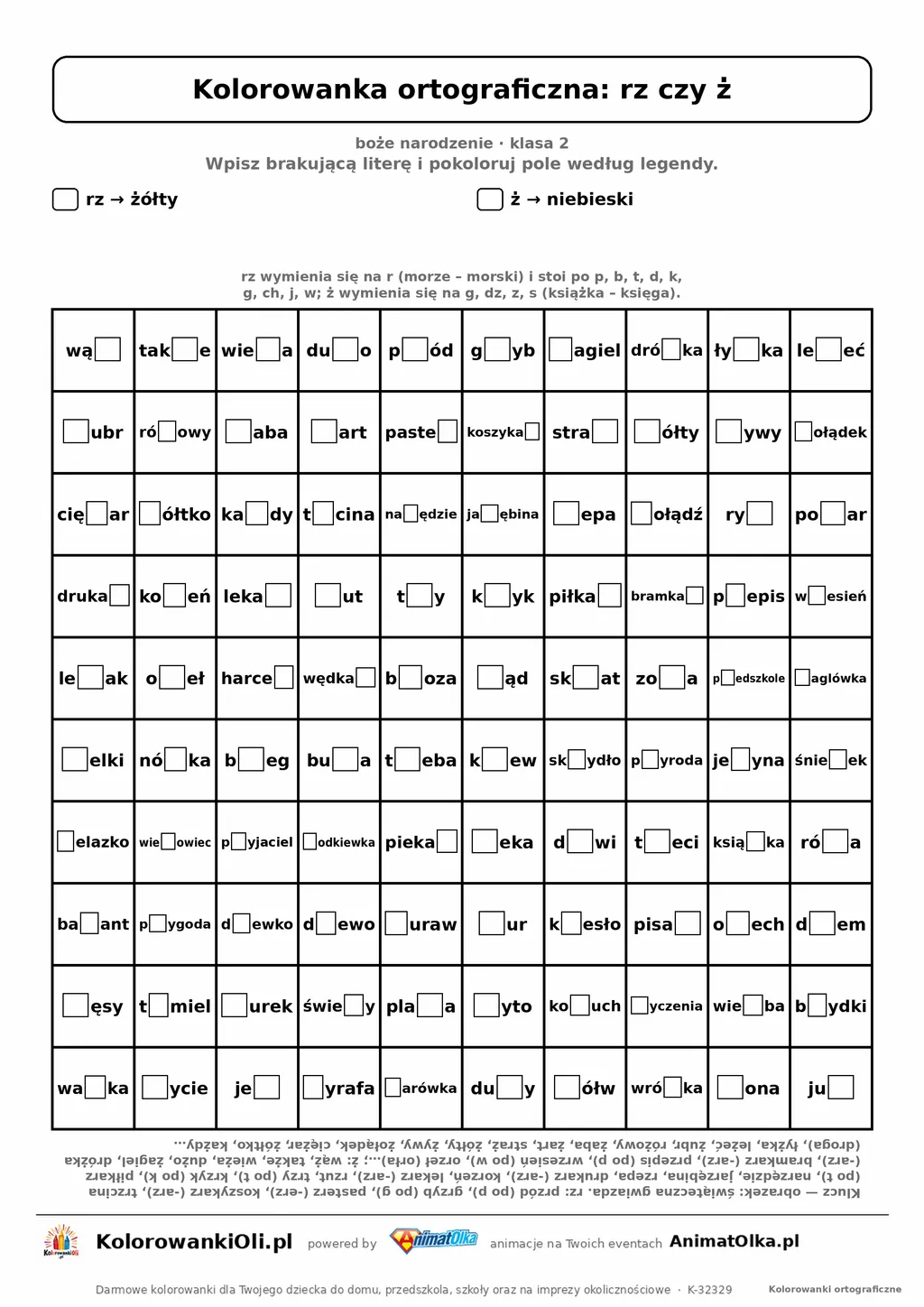 Kolorowanka ortograficzna rz czy ż — 100 wyrazów z luką, obrazek gwiazda, do druku (klasa 2)