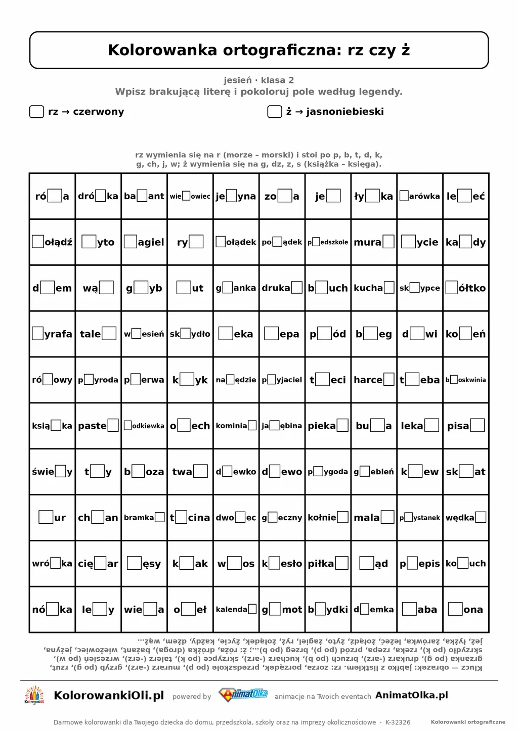 Kolorowanka ortograficzna rz czy ż — 100 wyrazów z luką, obrazek jabłko, do druku (klasa 2)