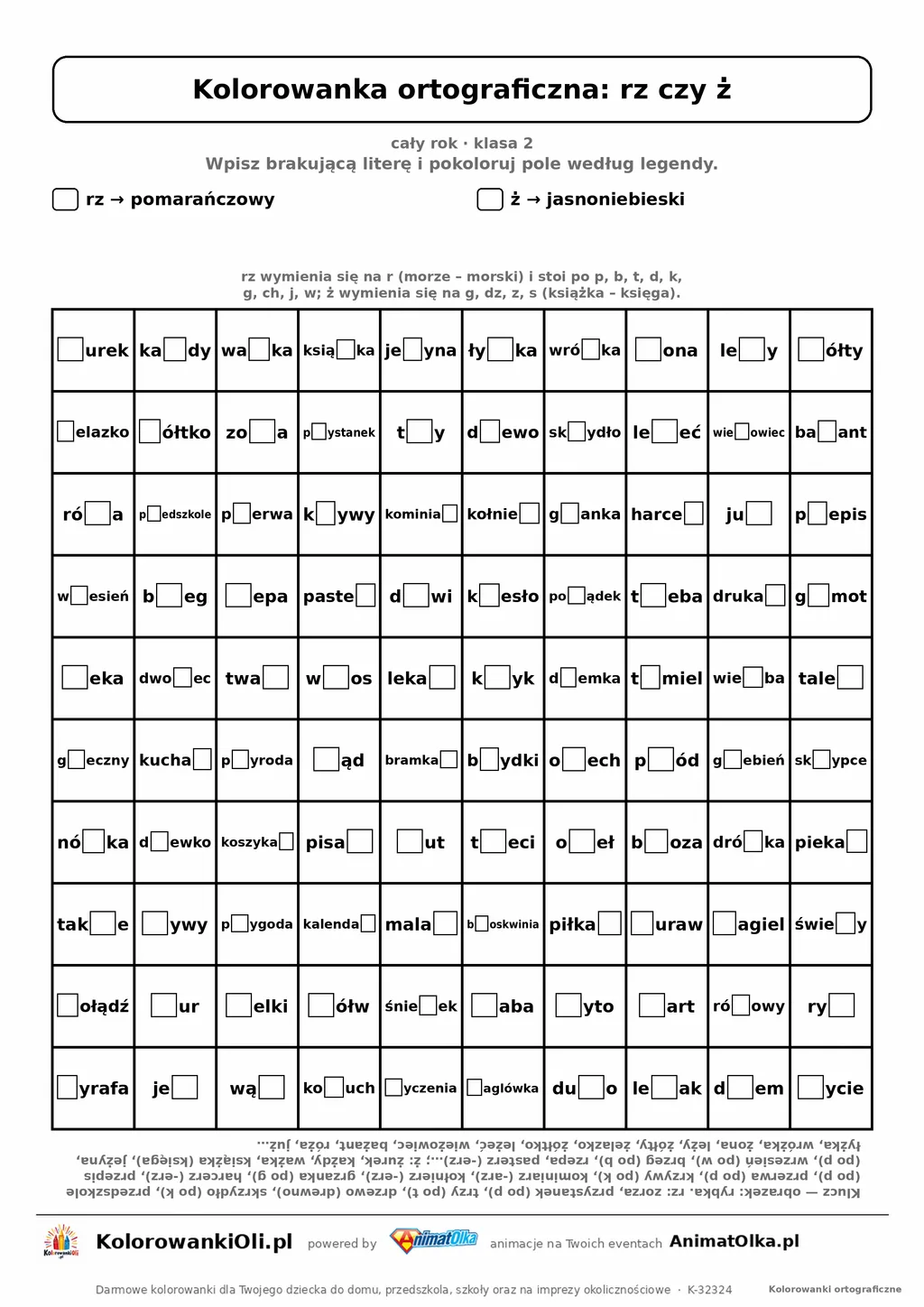 Kolorowanka ortograficzna rz czy ż — 100 wyrazów z luką, obrazek rybka, do druku (klasa 2)