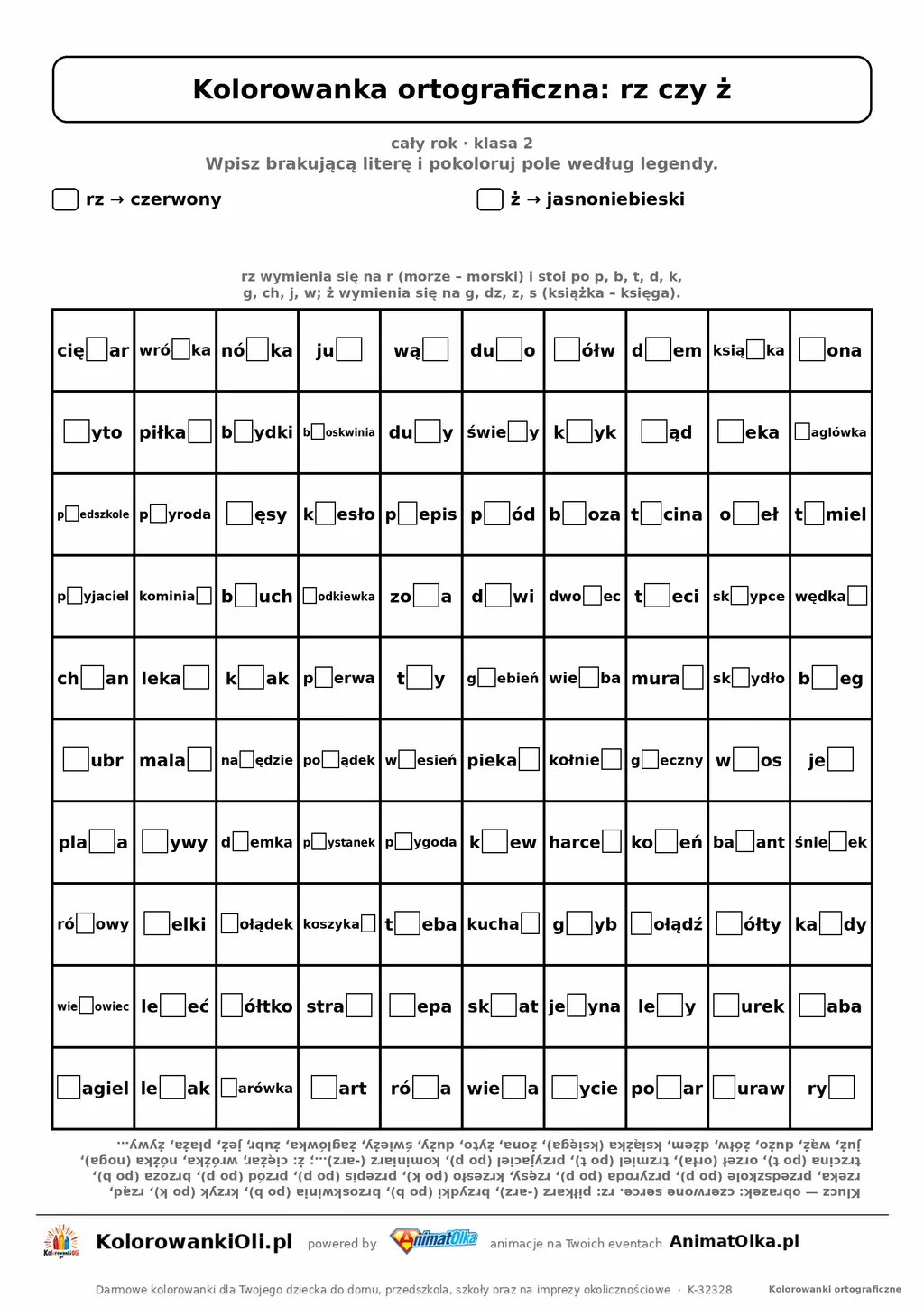 Kolorowanka ortograficzna rz czy ż — 100 wyrazów z luką, obrazek serce, do druku (klasa 2)