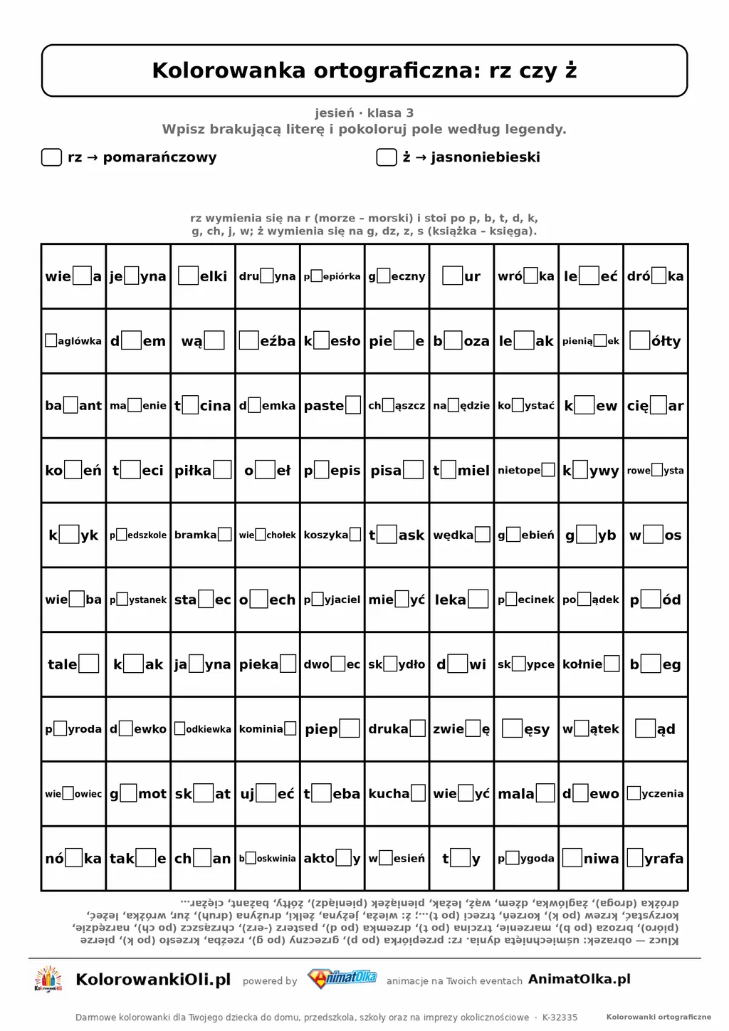 Kolorowanka ortograficzna rz czy ż — 100 wyrazów z luką, obrazek dynia, do druku (klasa 3)