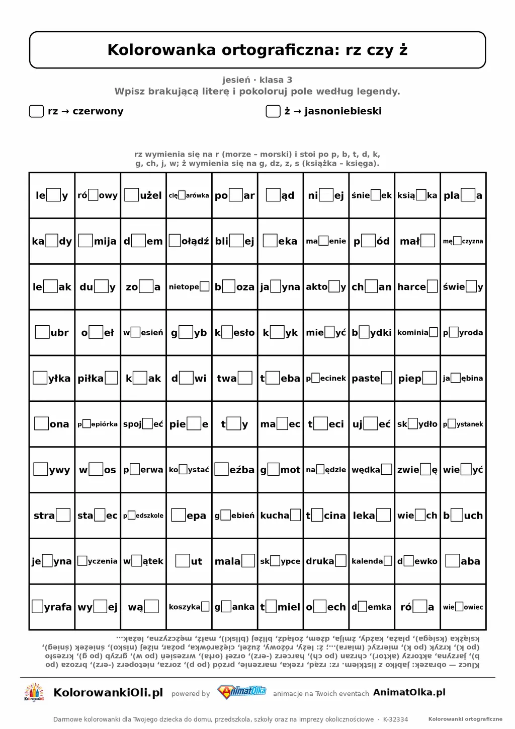 Kolorowanka ortograficzna rz czy ż — 100 wyrazów z luką, obrazek jabłko, do druku (klasa 3)