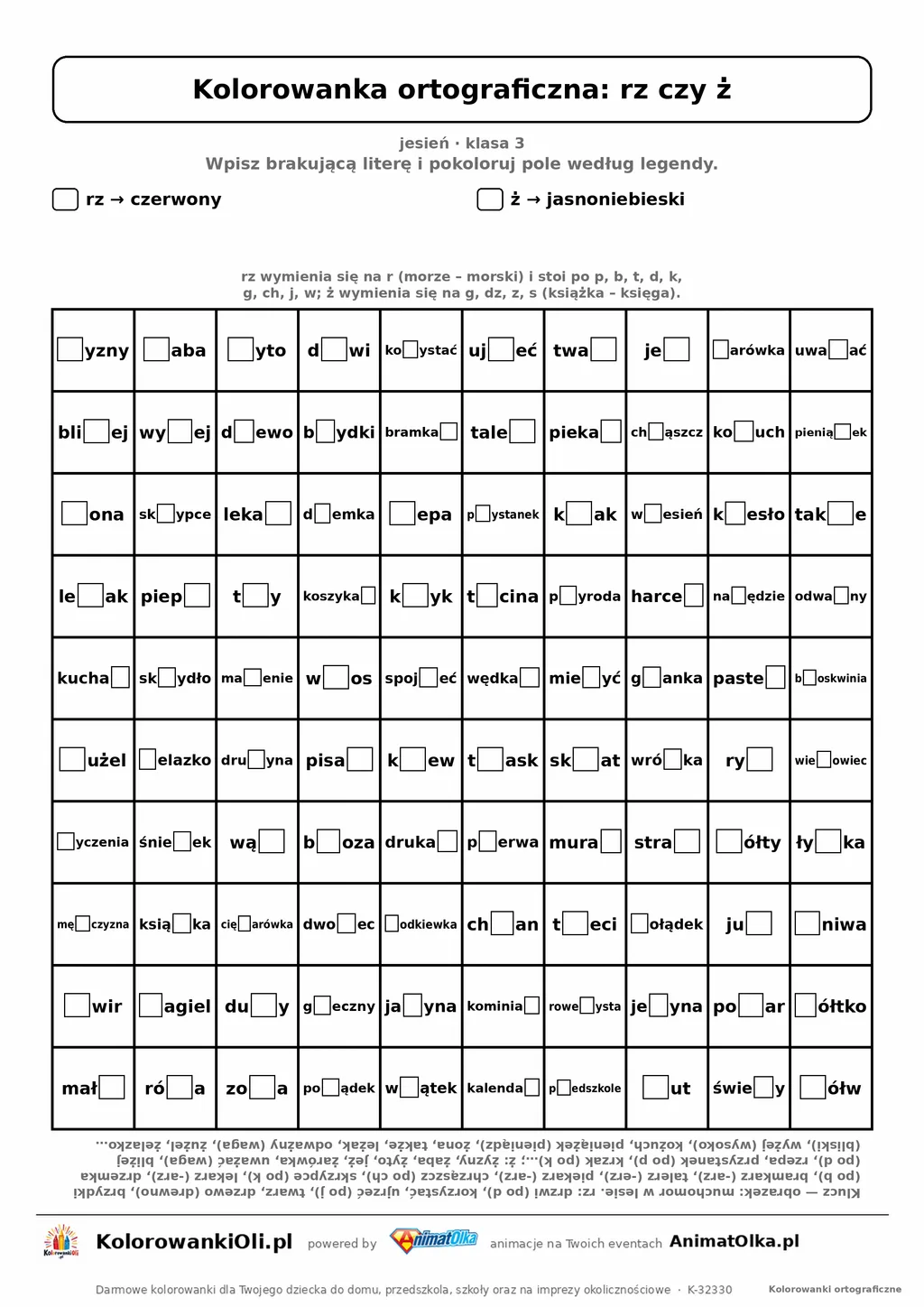 Kolorowanka ortograficzna rz czy ż — 100 wyrazów z luką, obrazek muchomor, do druku (klasa 3)