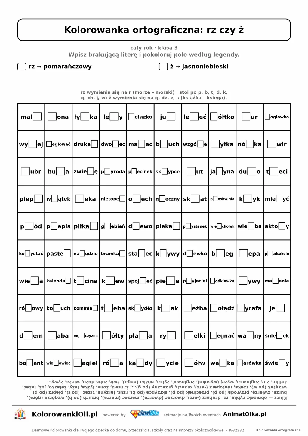 Kolorowanka ortograficzna rz czy ż — 100 wyrazów z luką, obrazek rybka, do druku (klasa 3)