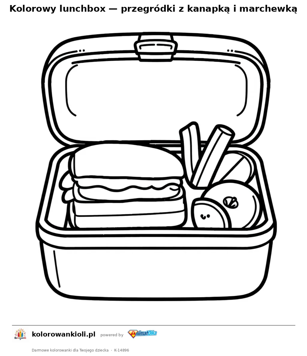 Kolorowy lunchbox — przegródki z kanapką i marchewką — kolorowanka do wydruku dla dzieci