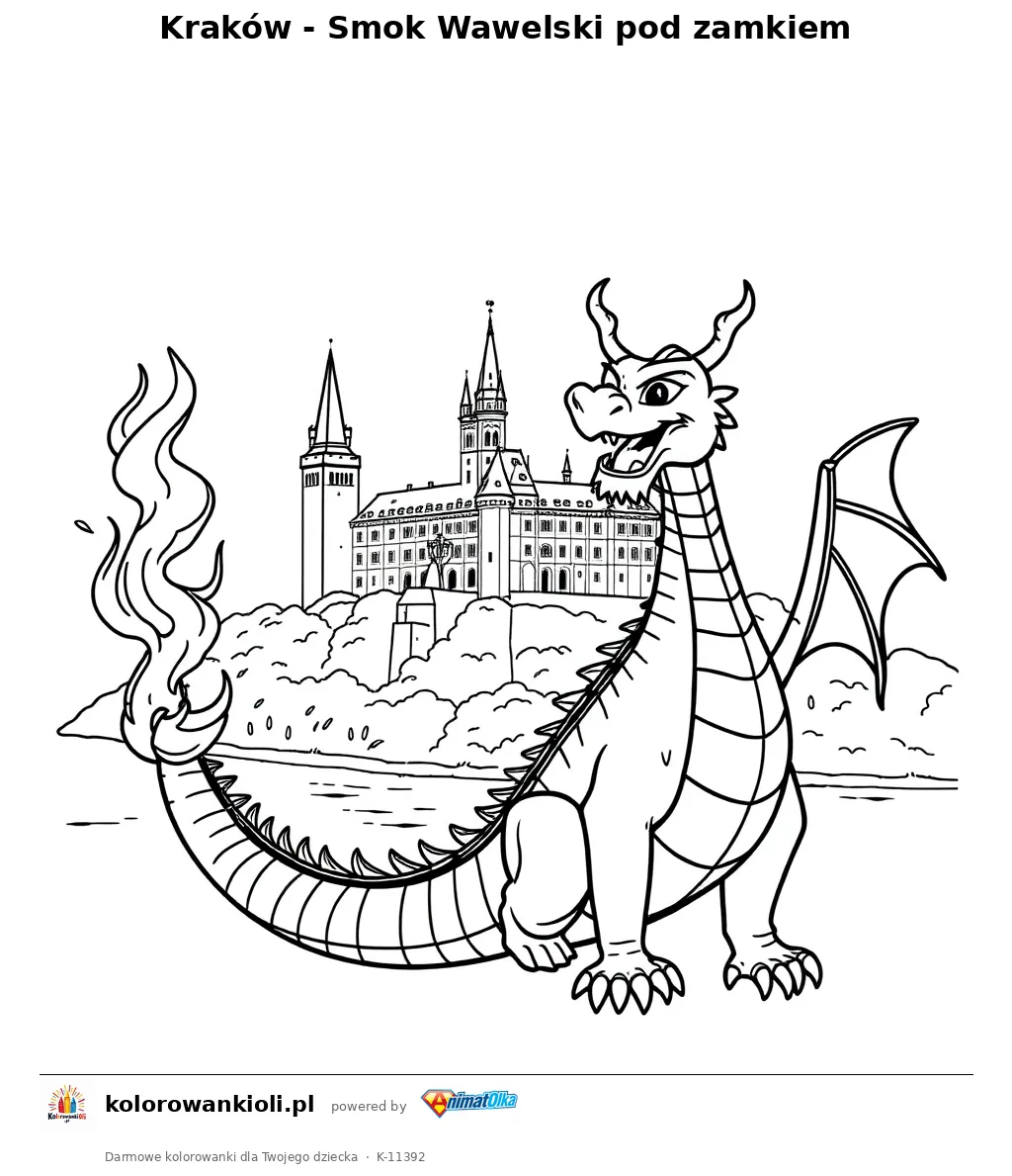 Kraków - Smok Wawelski pod zamkiem — kolorowanka do wydruku dla dzieci