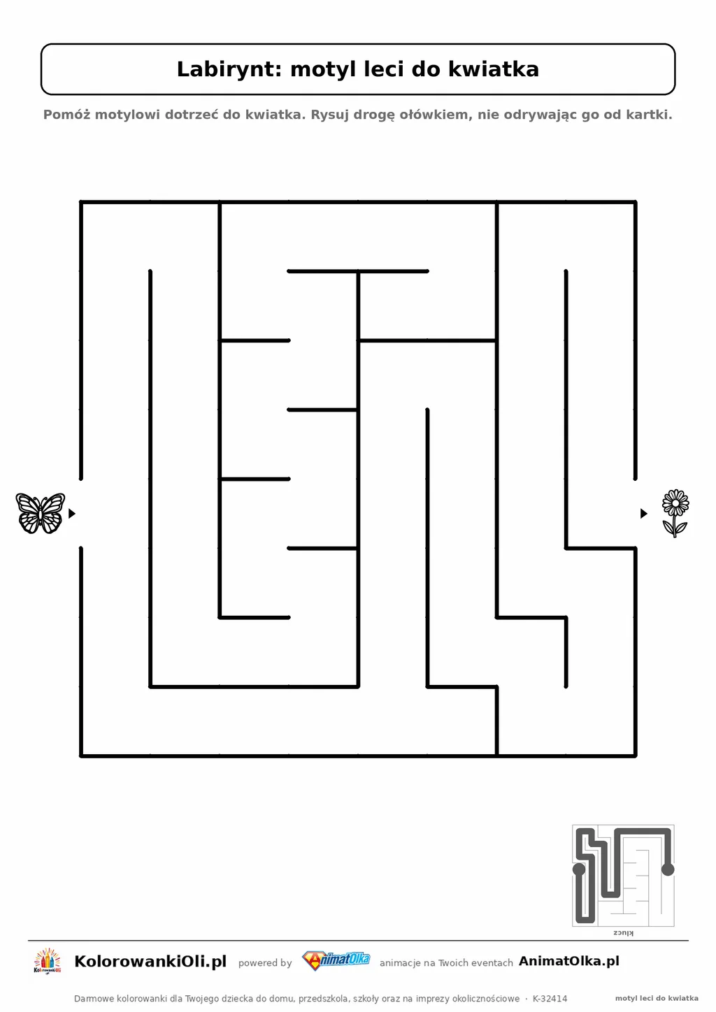 Labirynt dla dzieci: motyl leci do kwiatka — łatwy, 4–6 lat, siatka 8×8 z kluczem, do druku