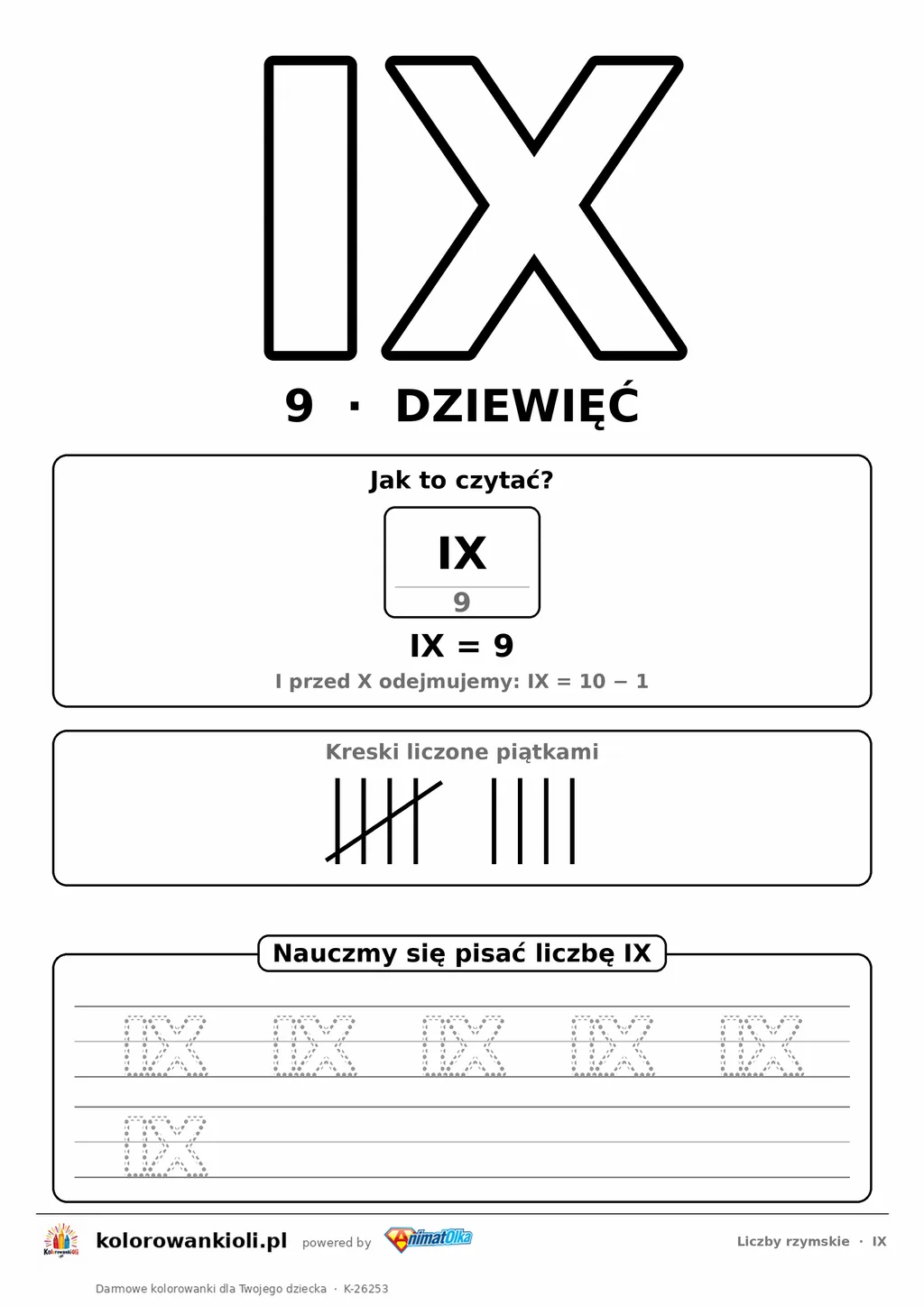 Liczba rzymska IX (9) do pokolorowania, rozkład na symbole i kropkowany zapis do obrysowania — karta do druku
