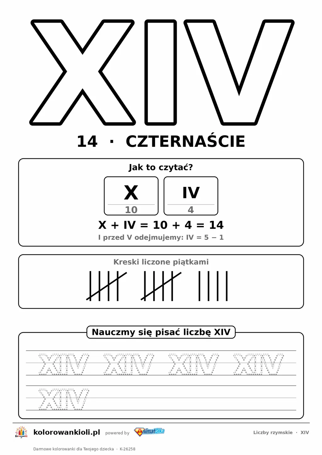 Liczba rzymska XIV (14) do pokolorowania, rozkład na symbole i kropkowany zapis do obrysowania — karta do druku