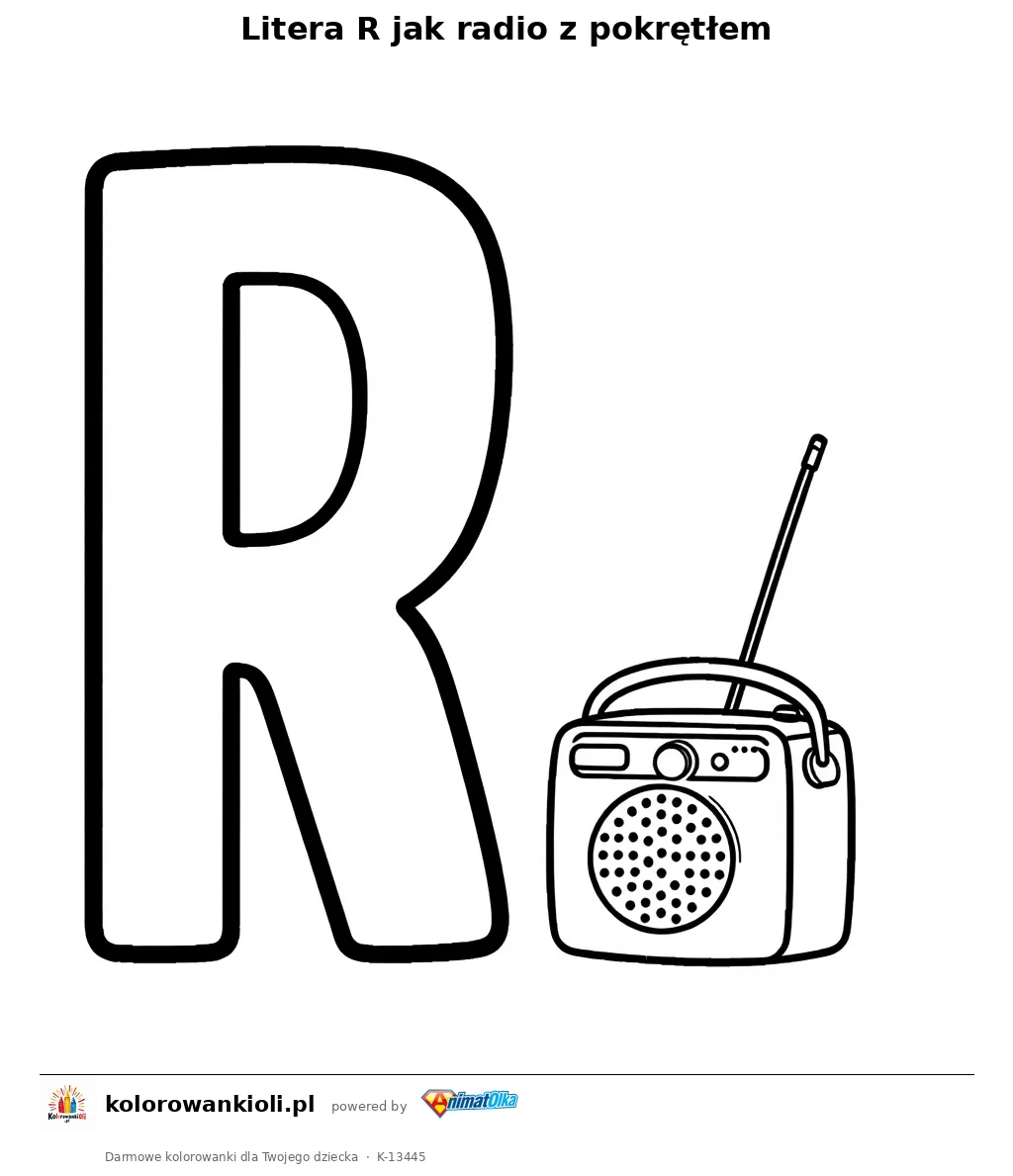 Litera R jak radio z pokrętłem — kolorowanka do wydruku dla dzieci