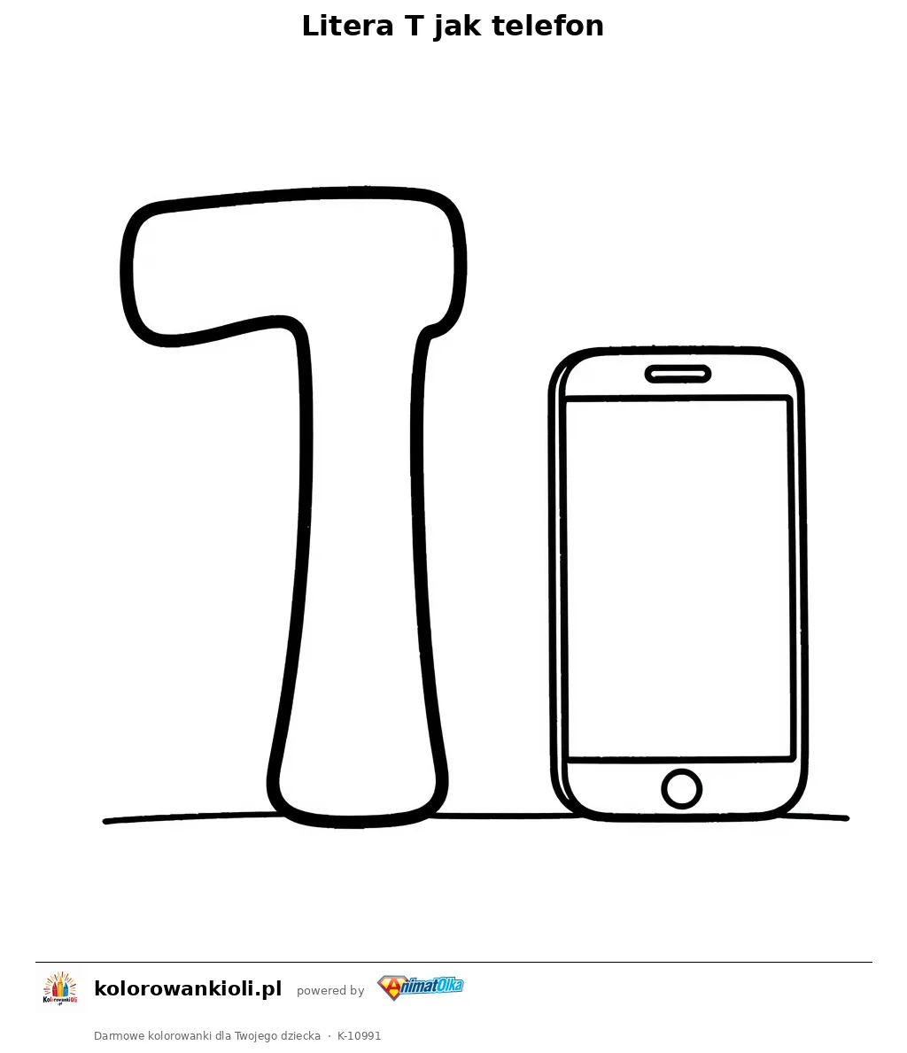 Litera T jak telefon — kolorowanka do wydruku dla dzieci
