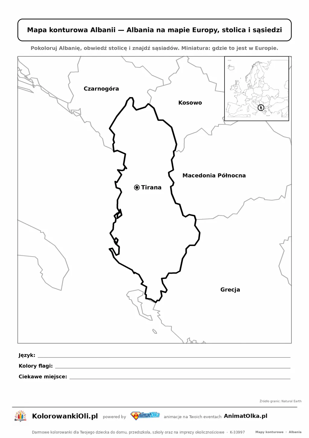 Mapa konturowa Albanii ze stolicą Tirana i miniaturą Europy — karta do druku