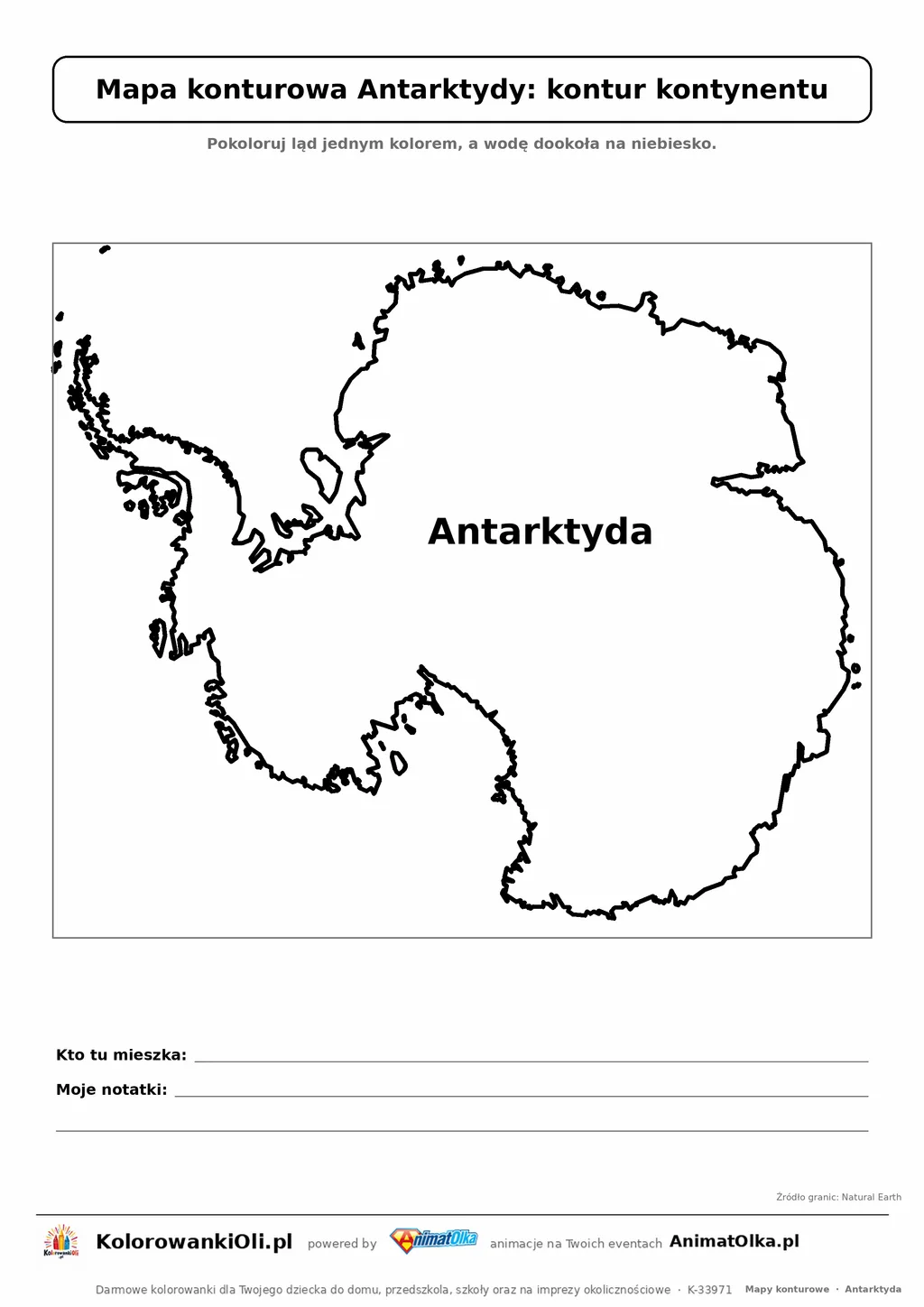 Mapa konturowa Antarktydy do druku — kontur kontynentu do pokolorowania