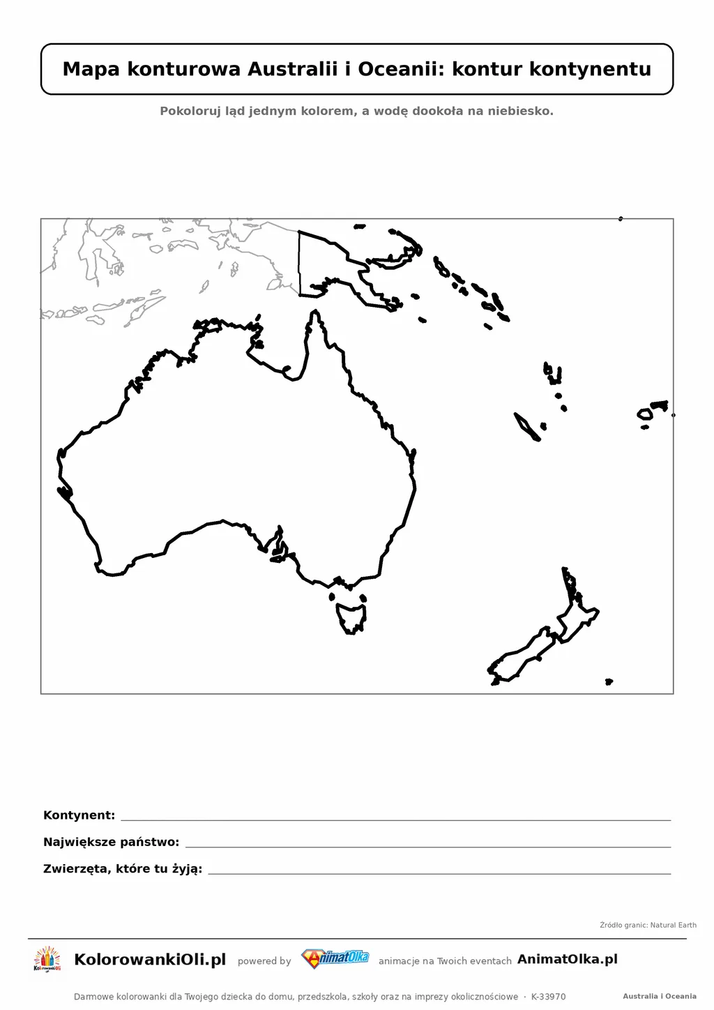 Mapa konturowa Australii i Oceanii do druku — kontur kontynentu do pokolorowania