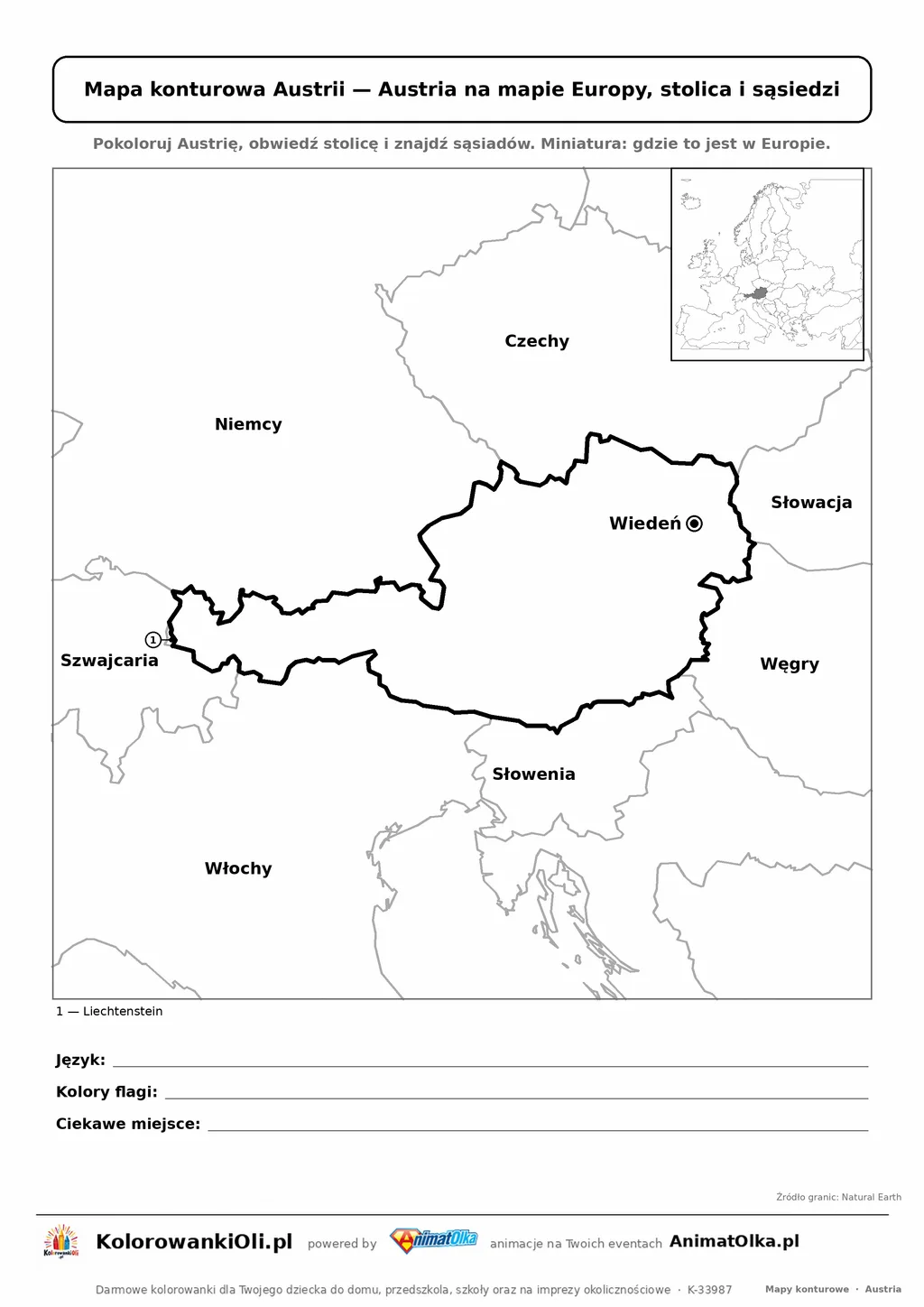 Mapa konturowa Austrii ze stolicą Wiedeń i miniaturą Europy — karta do druku
