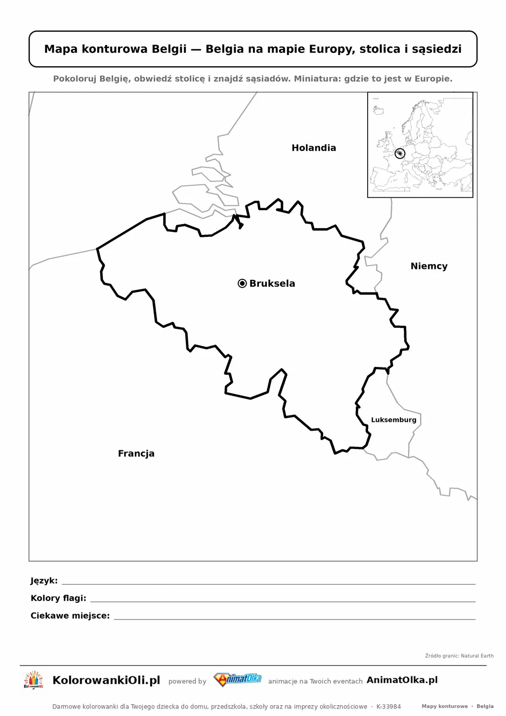 Mapa konturowa Belgii ze stolicą Bruksela i miniaturą Europy — karta do druku
