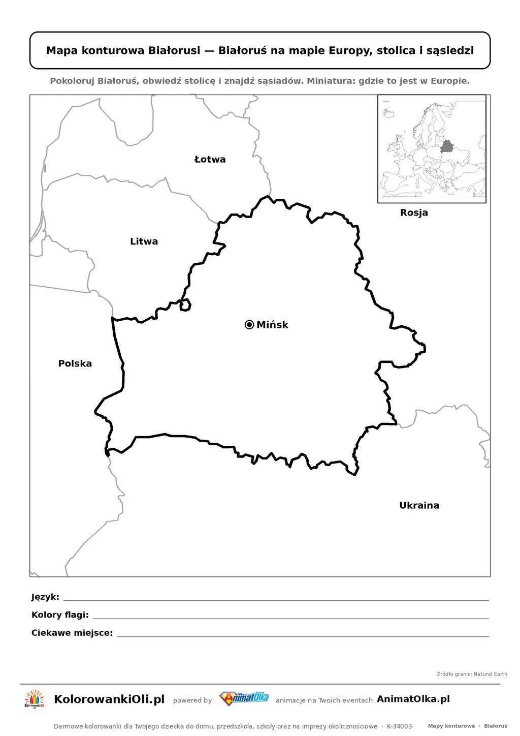 Mapa konturowa Białorusi ze stolicą Mińsk i miniaturą Europy — karta do druku
