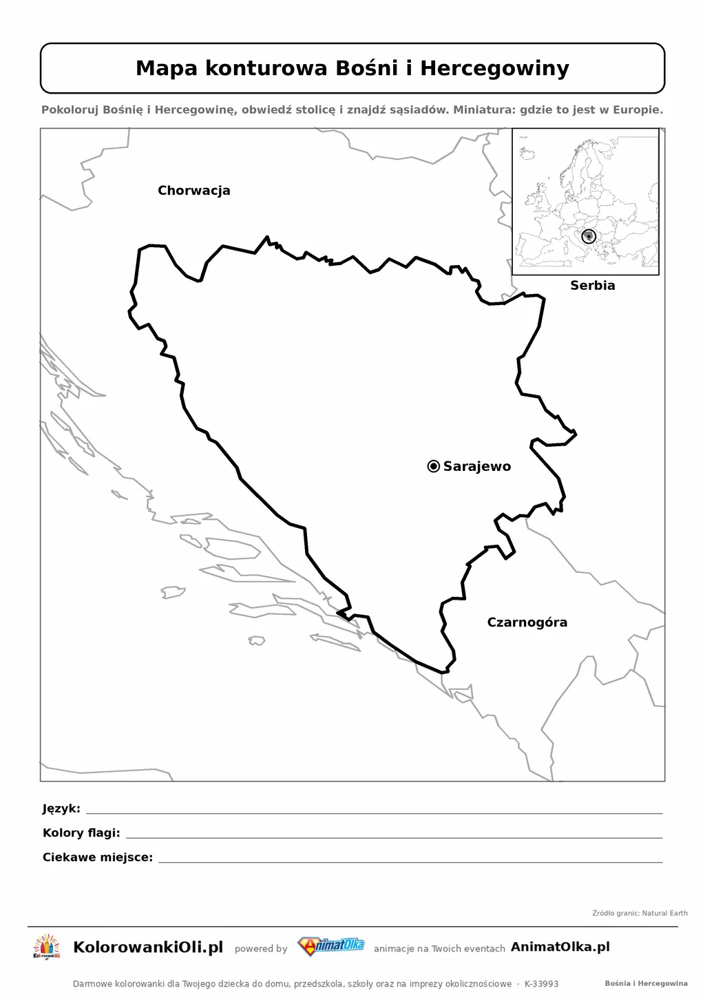 Mapa konturowa Bośni i Hercegowiny ze stolicą Sarajewo i miniaturą Europy — karta do druku