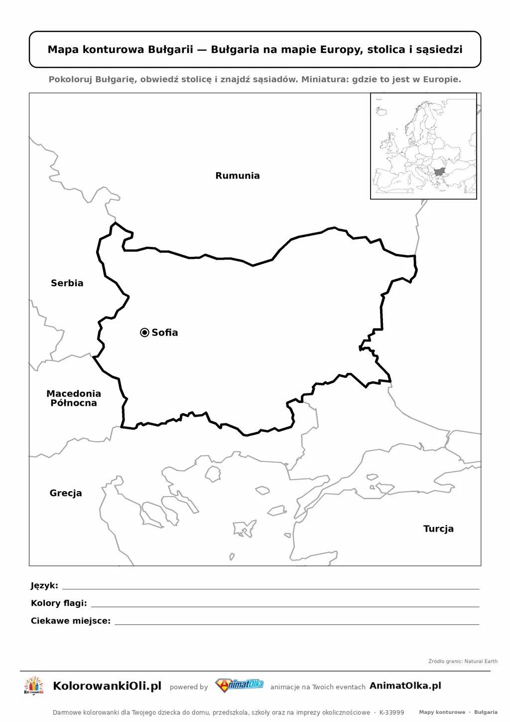 Mapa konturowa Bułgarii ze stolicą Sofia i miniaturą Europy — karta do druku