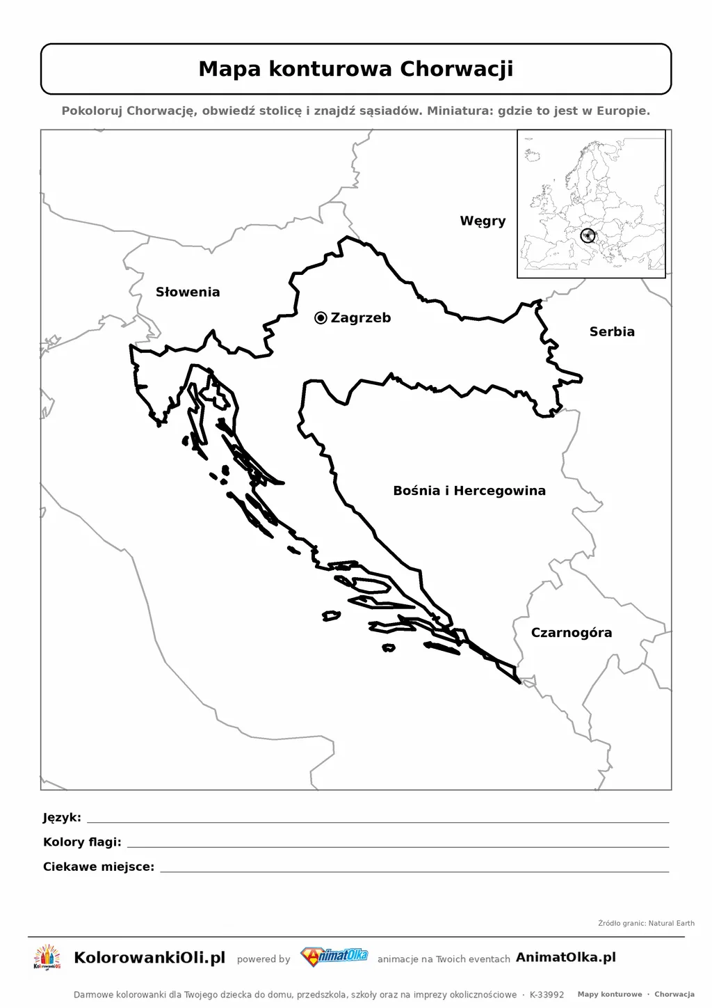 Mapa konturowa Chorwacji ze stolicą Zagrzeb i miniaturą Europy — karta do druku