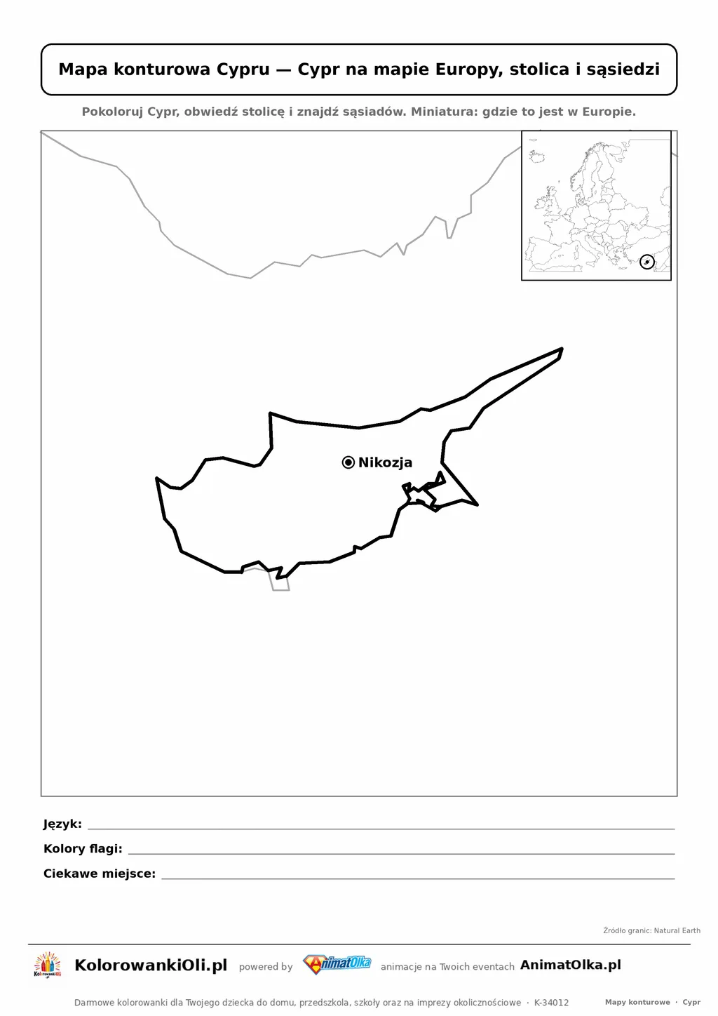 Mapa konturowa Cypru ze stolicą Nikozja i miniaturą Europy — karta do druku