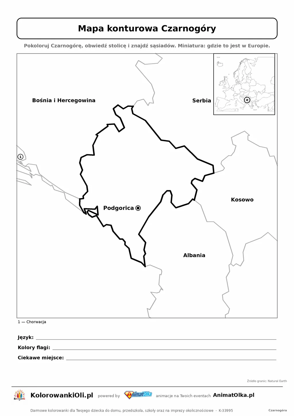 Mapa konturowa Czarnogóry ze stolicą Podgorica i miniaturą Europy — karta do druku