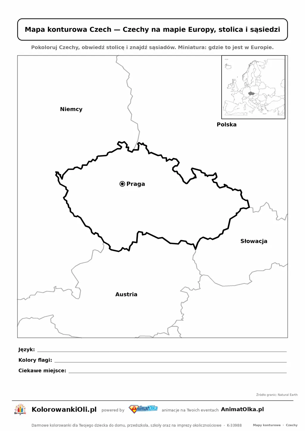 Mapa konturowa Czech ze stolicą Praga i miniaturą Europy — karta do druku