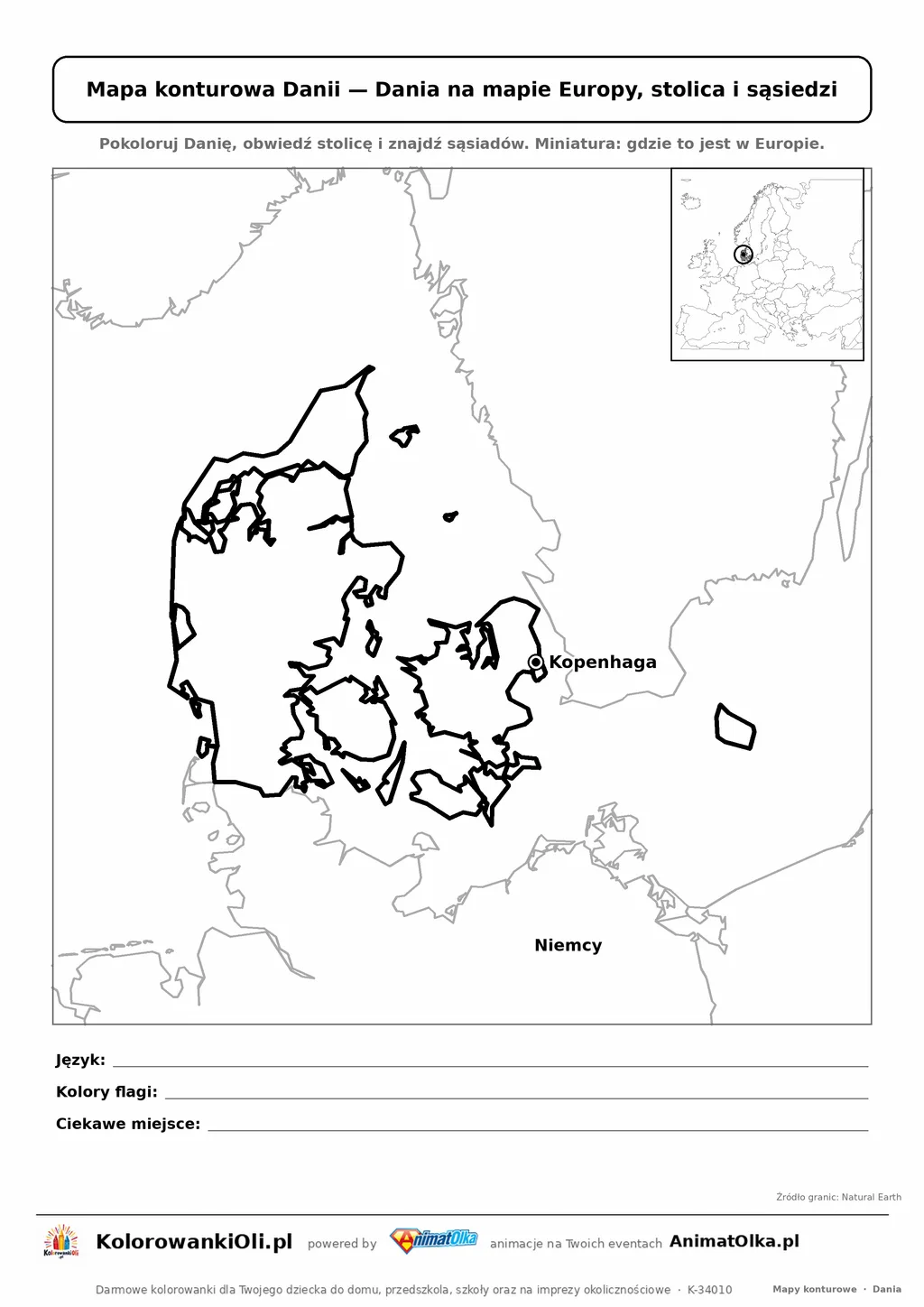 Mapa konturowa Danii ze stolicą Kopenhaga i miniaturą Europy — karta do druku