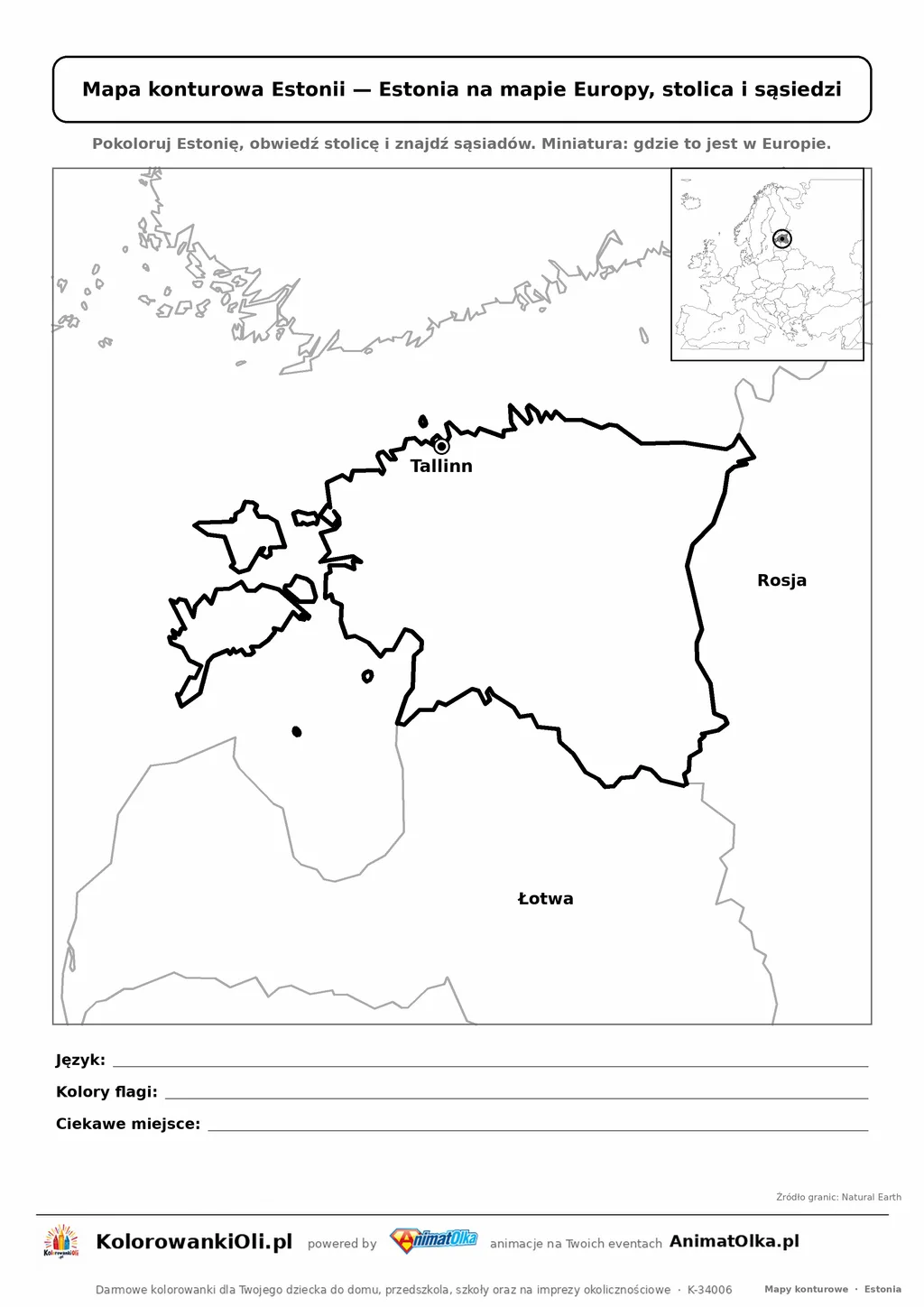Mapa konturowa Estonii ze stolicą Tallinn i miniaturą Europy — karta do druku