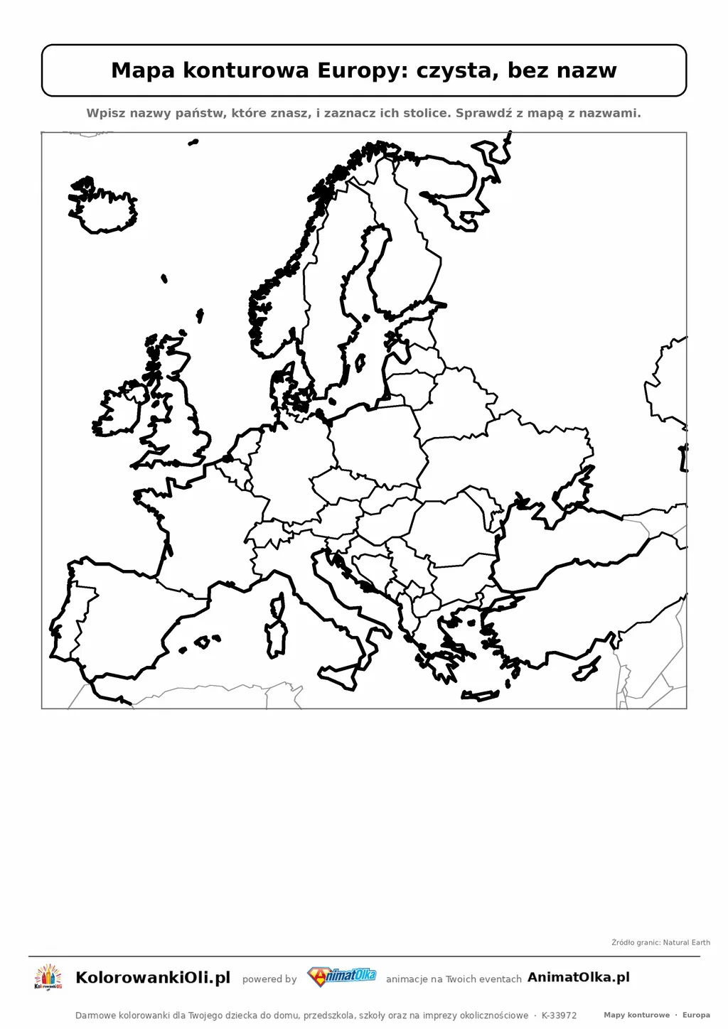 Czysta mapa konturowa Europy bez nazw — granice państw do podpisania, klasy 4–6
