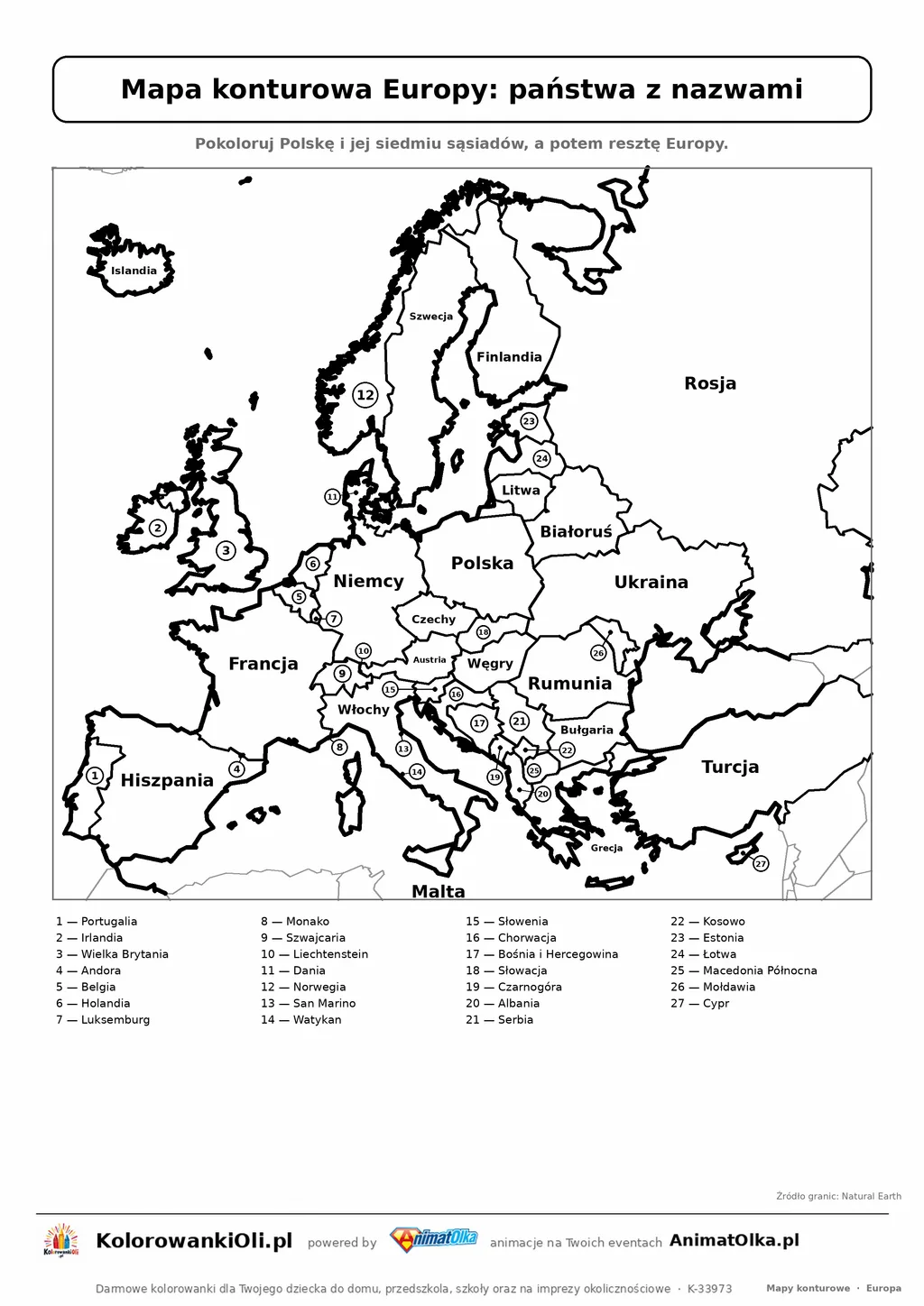 Mapa konturowa Europy z nazwami państw — karta do druku dla klas 3–5