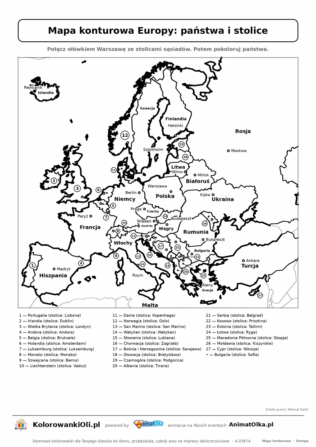 Mapa konturowa Europy z państwami i stolicami — karta pracy do druku dla klas 4–6