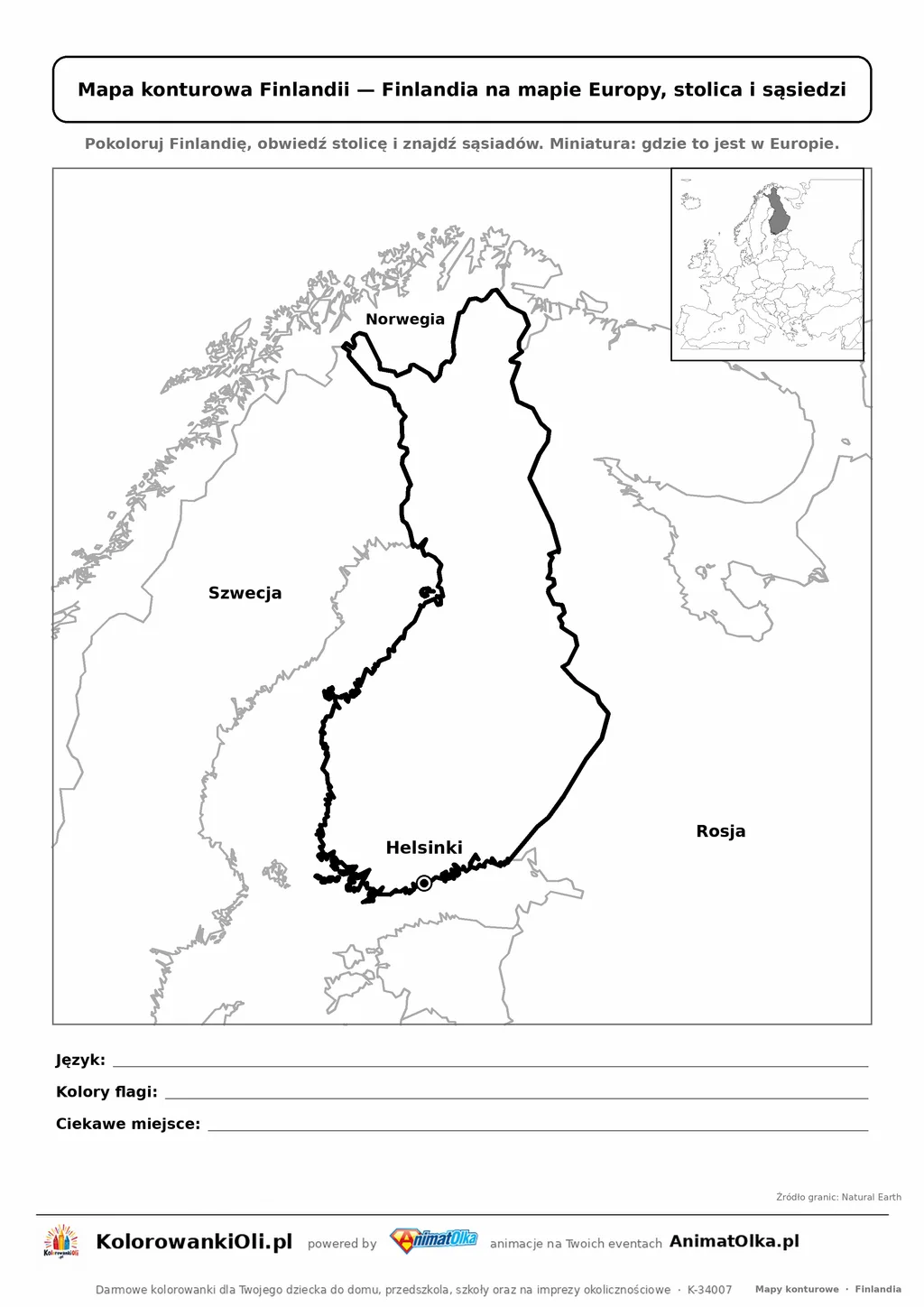 Mapa konturowa Finlandii ze stolicą Helsinki i miniaturą Europy — karta do druku