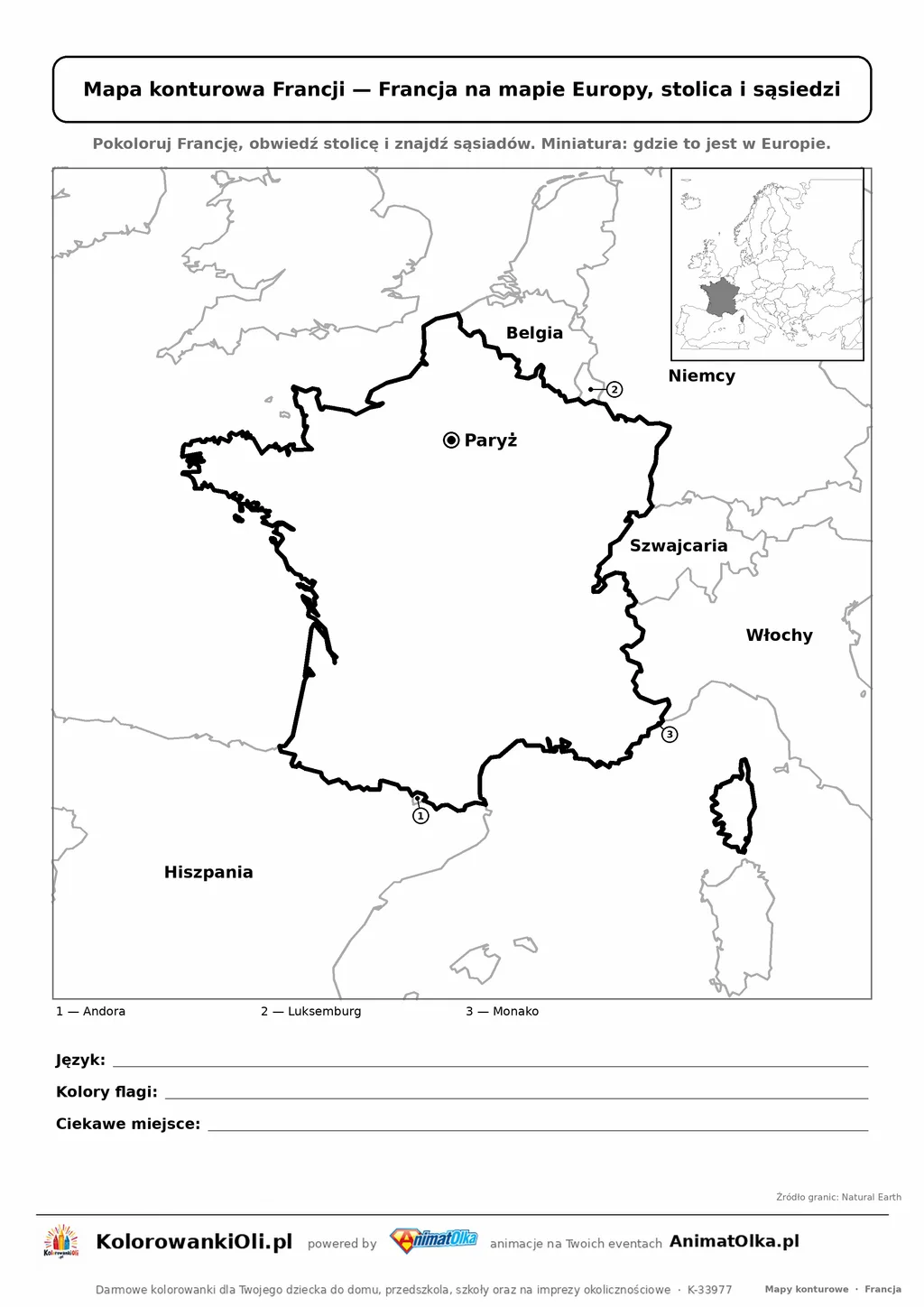 Mapa konturowa Francji ze stolicą Paryż i miniaturą Europy — karta do druku