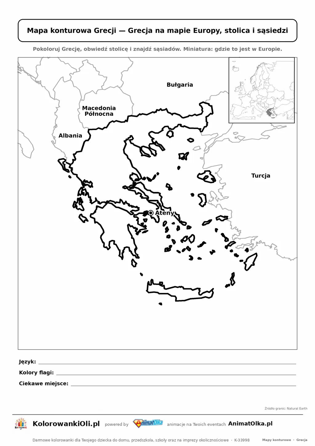 Mapa konturowa Grecji ze stolicą Ateny i miniaturą Europy — karta do druku