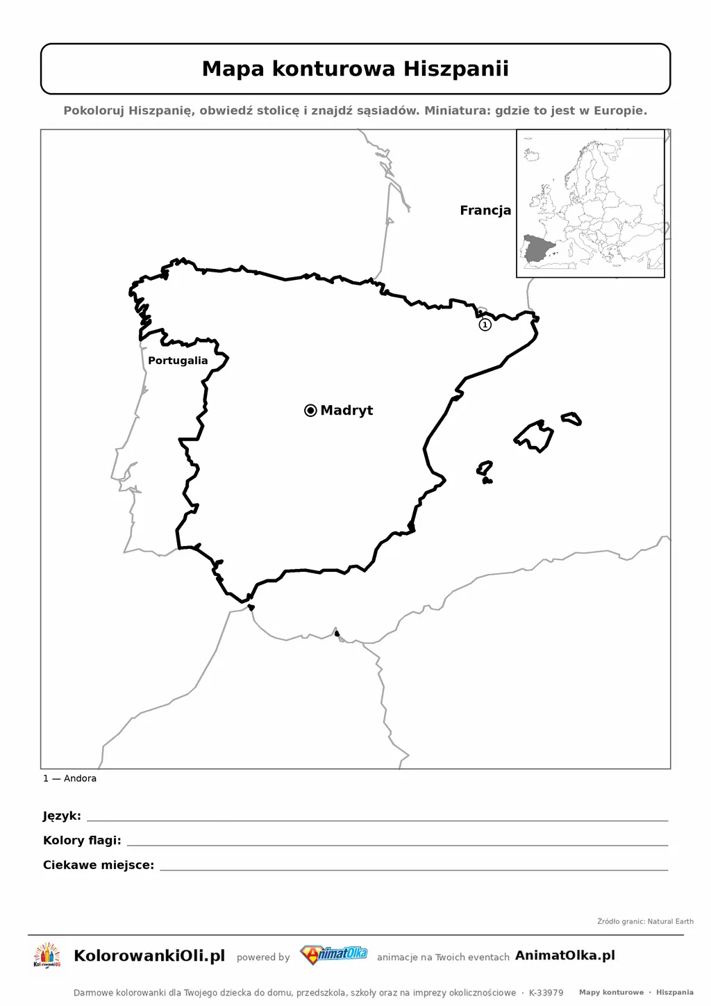 Mapa konturowa Hiszpanii ze stolicą Madryt i miniaturą Europy — karta do druku