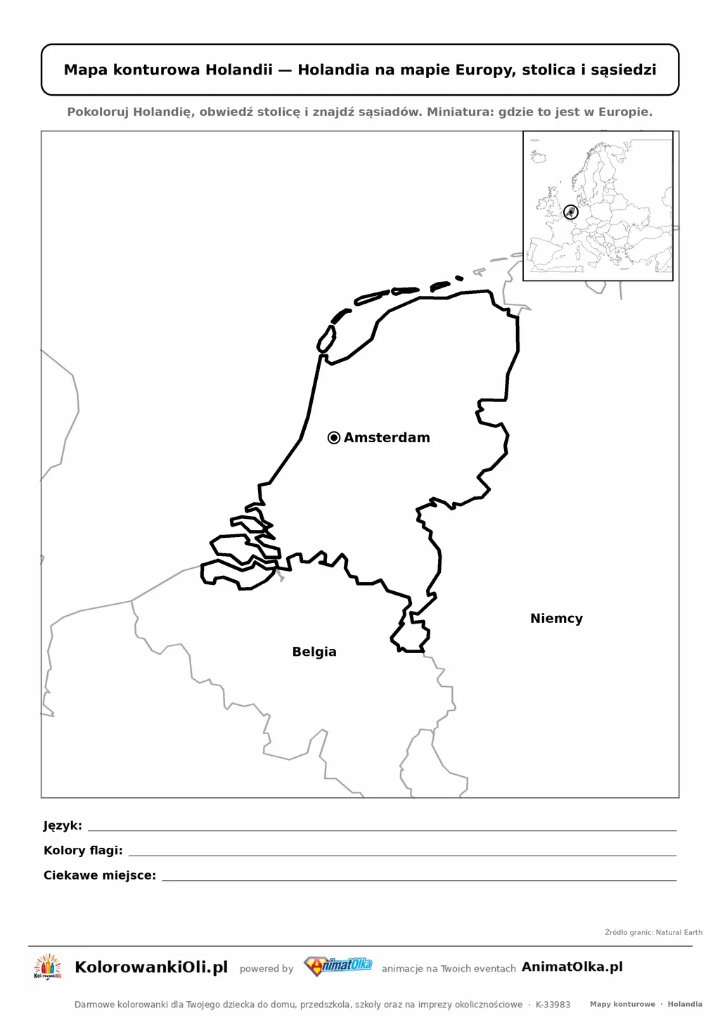 Mapa konturowa Holandii ze stolicą Amsterdam i miniaturą Europy — karta do druku