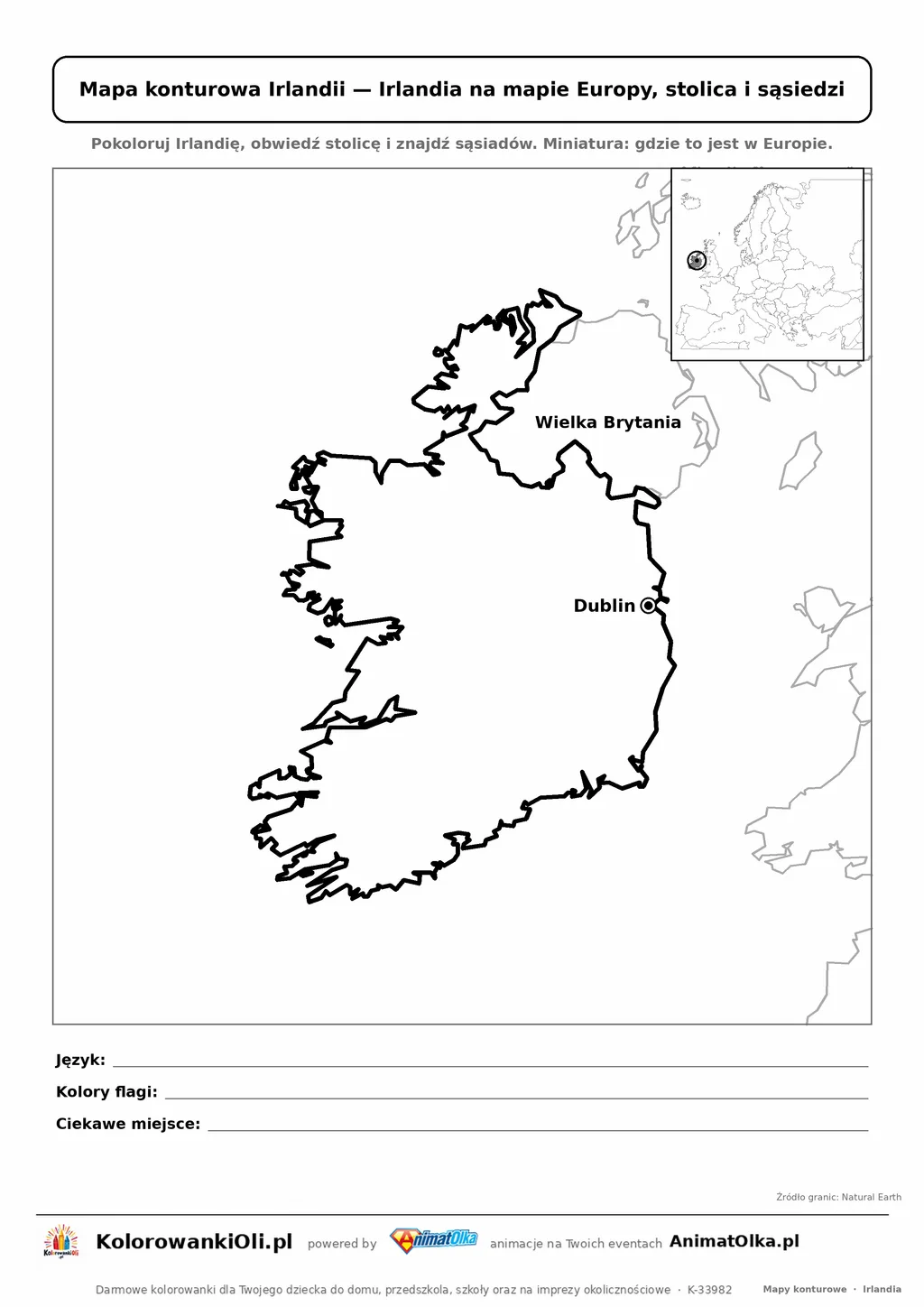 Mapa konturowa Irlandii ze stolicą Dublin i miniaturą Europy — karta do druku