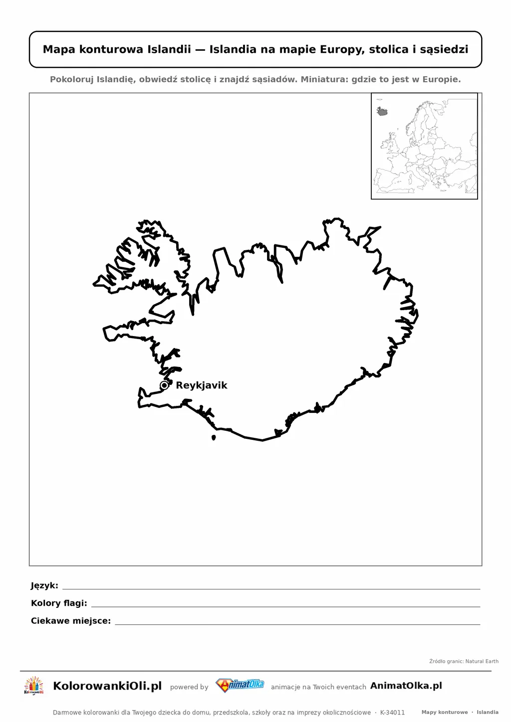 Mapa konturowa Islandii ze stolicą Reykjavik i miniaturą Europy — karta do druku