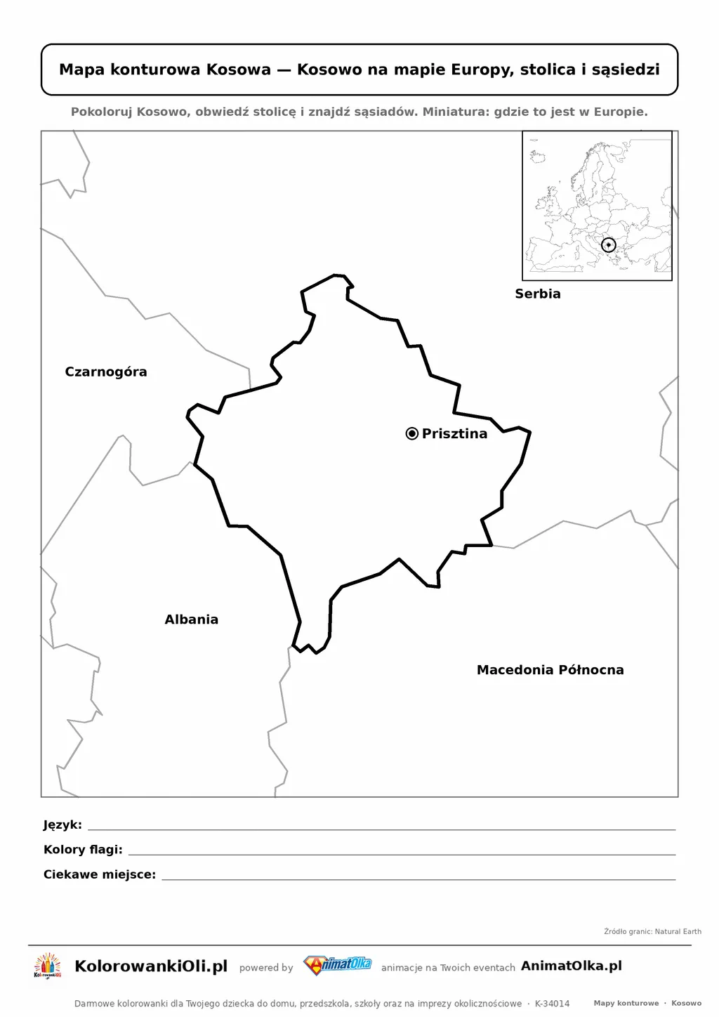 Mapa konturowa Kosowa ze stolicą Prisztina i miniaturą Europy — karta do druku