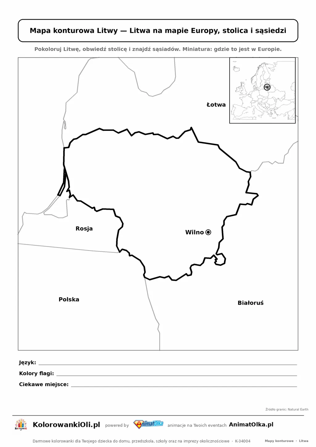 Mapa konturowa Litwy ze stolicą Wilno i miniaturą Europy — karta do druku