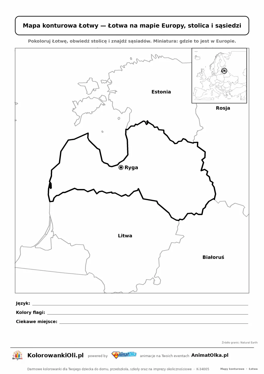 Mapa konturowa Łotwy ze stolicą Ryga i miniaturą Europy — karta do druku