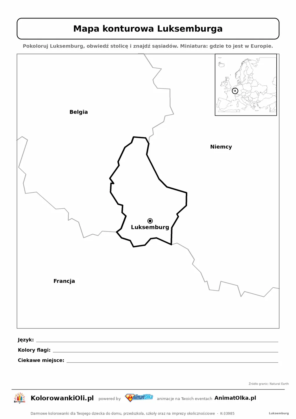 Mapa konturowa Luksemburga ze stolicą Luksemburg i miniaturą Europy — karta do druku