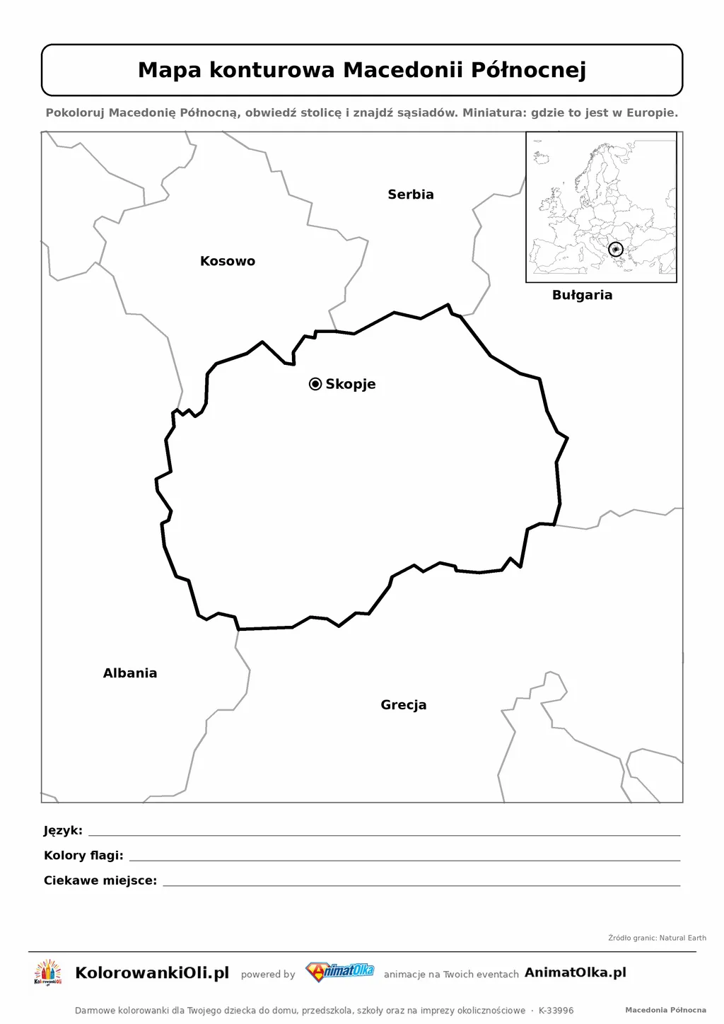 Mapa konturowa Macedonii Północnej ze stolicą Skopje i miniaturą Europy — karta do druku