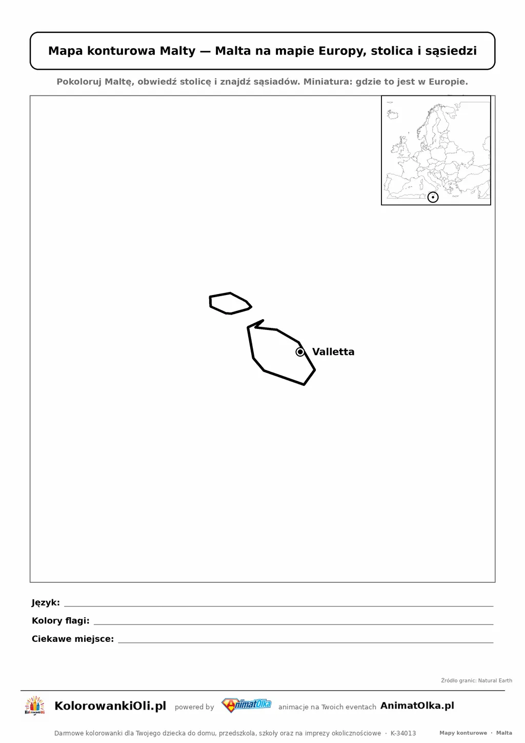 Mapa konturowa Malty ze stolicą Valletta i miniaturą Europy — karta do druku
